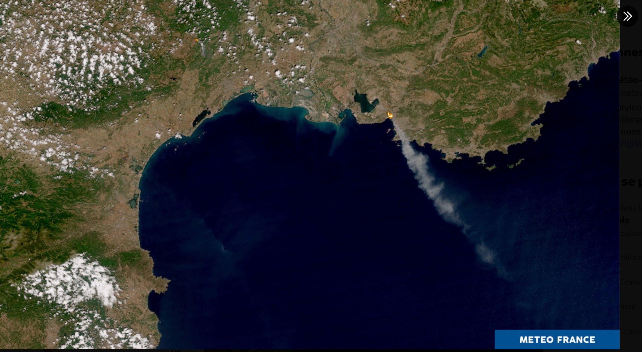 This satellite photo, provided by Meteo-France, shows smoke billowing due to wildfires near Marseille, southern France, Tuesday, July 8, 2025. (Meteo-France /NOAA via AP)