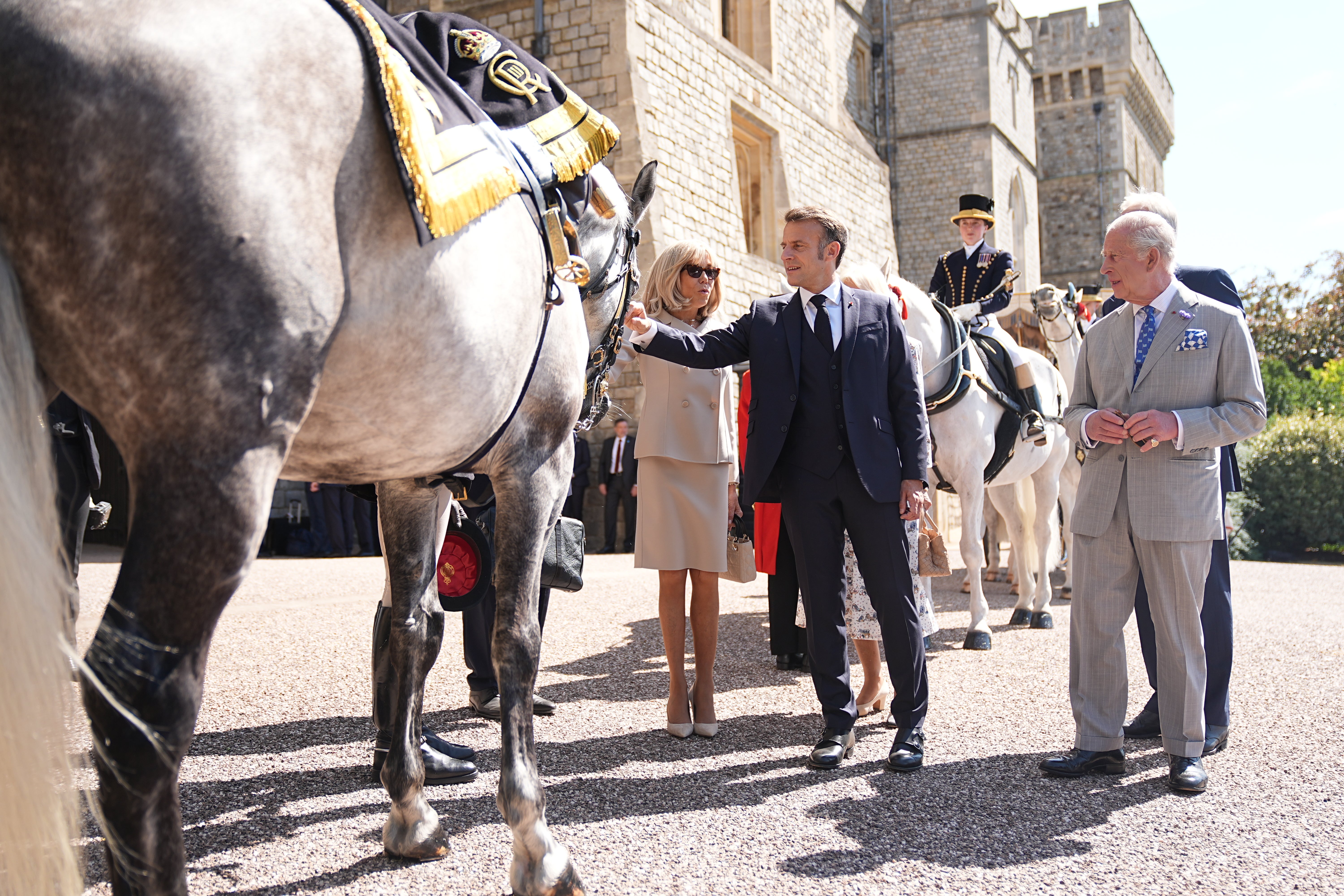 Mr and Mrs Macron viewed the Fabuleu de Maucour horse, given by the French president to the late Queen in 2022 for her Platinum Jubilee (Aaron Chown/PA)