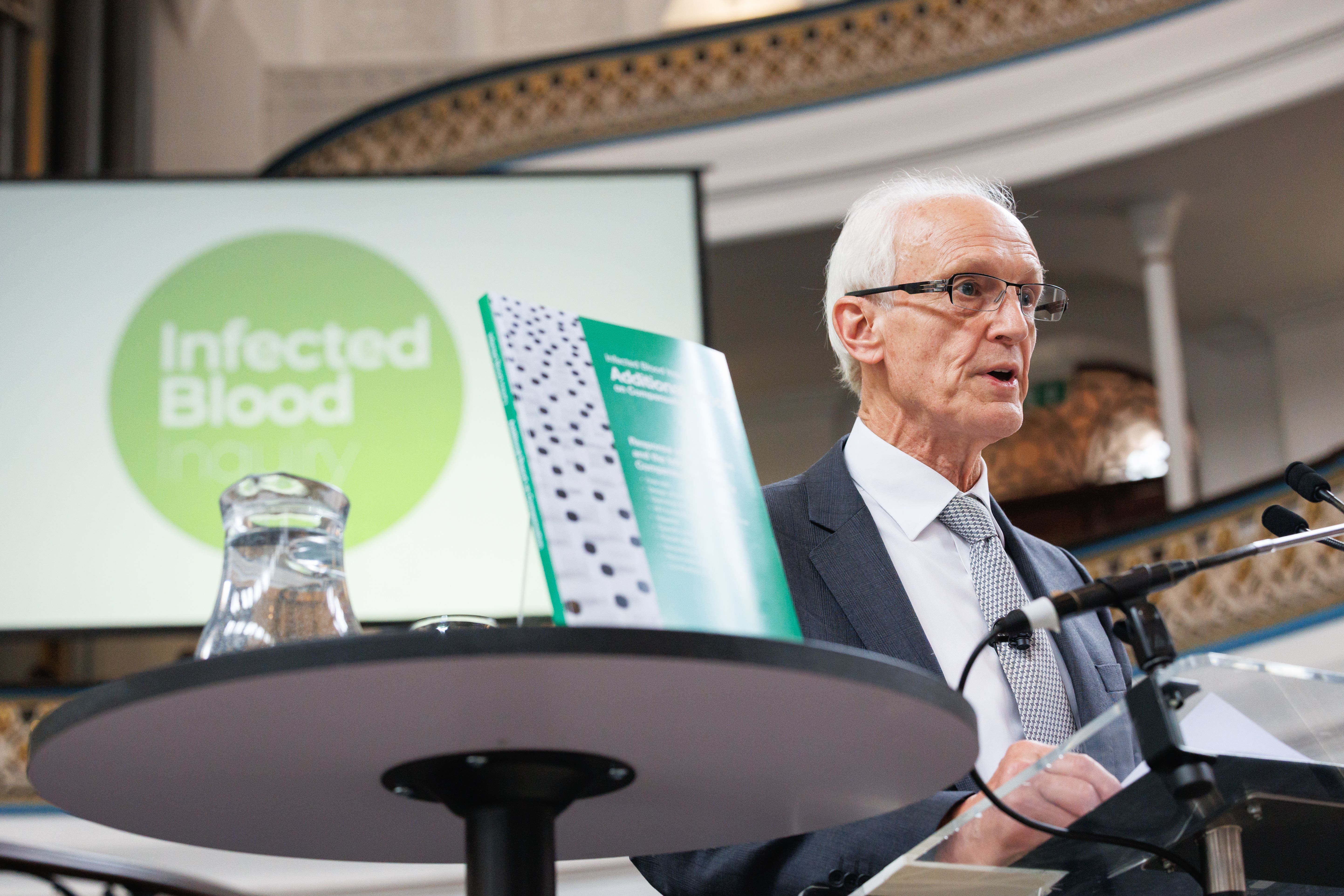 Sir Brian Langstaff speaking in Westminster Chapel at the publication of the Infected Blood Inquiry additional report on compensation (Infected Blood Inquiry/PA)