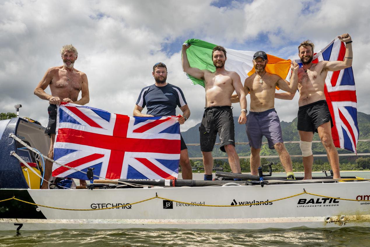 The crew of Ocean5, Kevin Gaskell, Matt Gaskell, Tom Higham, Patrick Deacon and Stephen Greenan (World’s Toughest Row/PA)