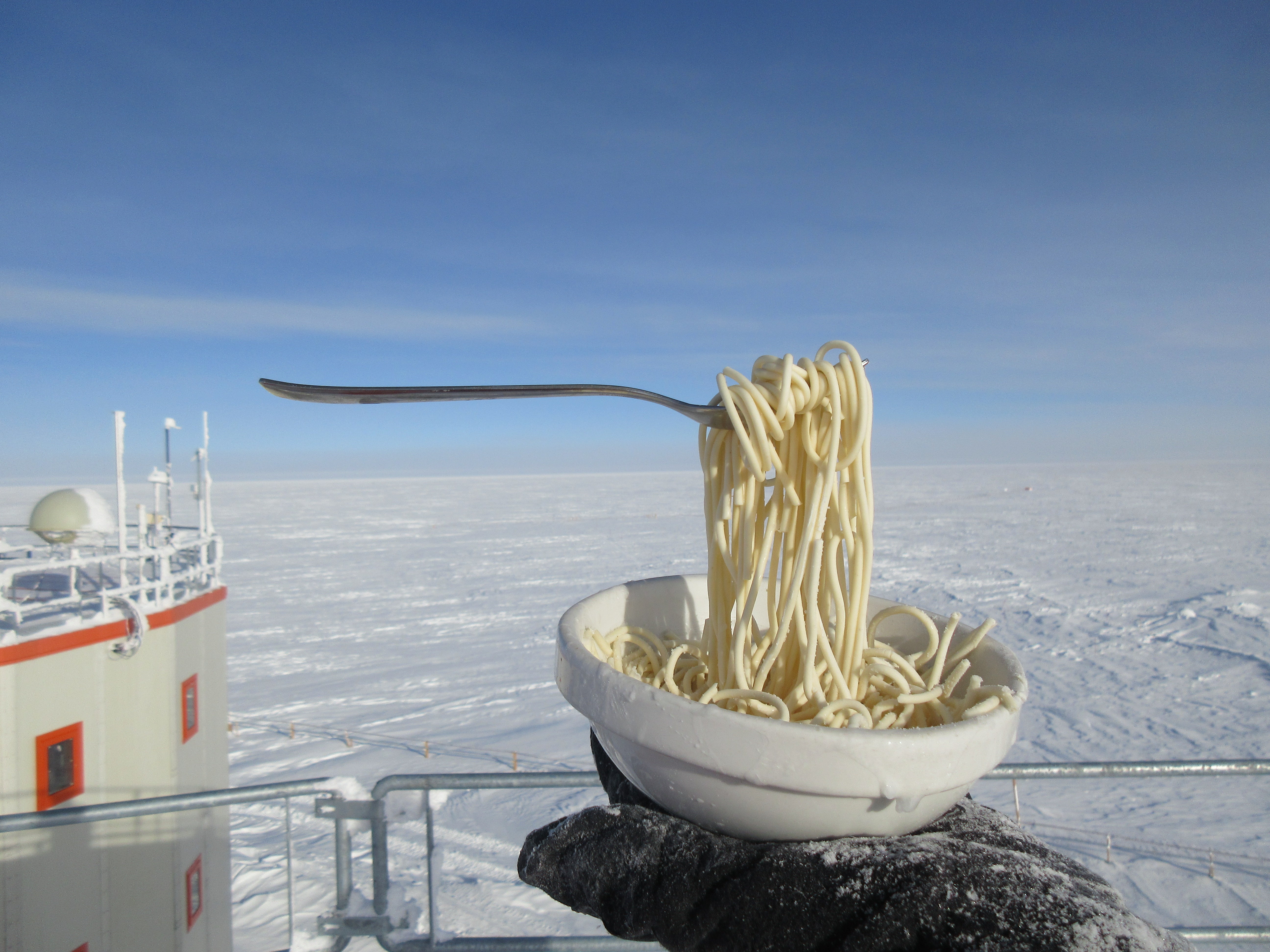 In an effort to demonstrate to his father back in France how cold it was in Antarctica, Verseux took a bowl of noodles outside and photographed them freezing, with the fork suspended in midair