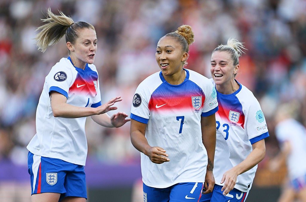 Lauren James celebrates scoring England’s first goal in the 4-0 win