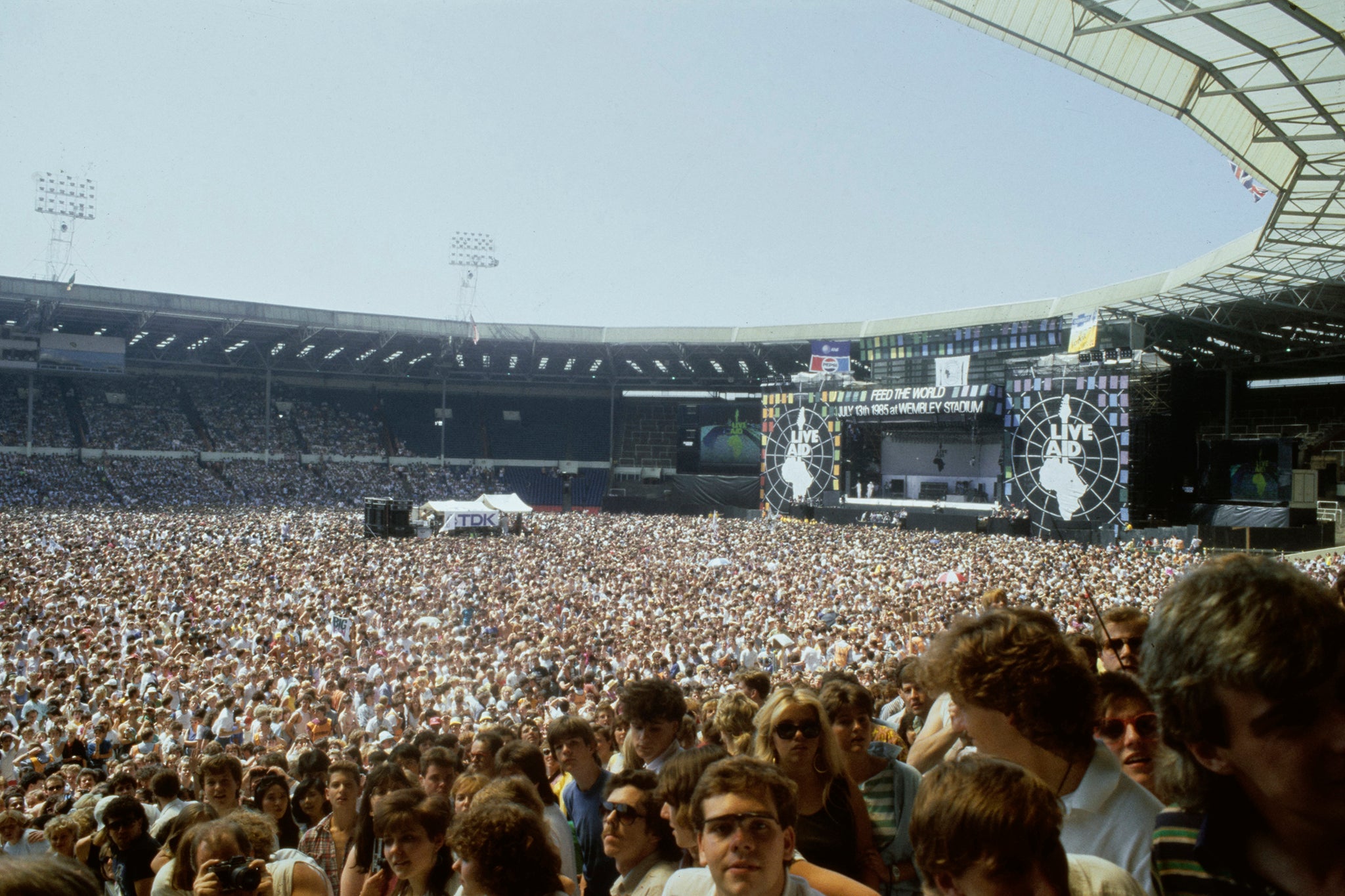 Thousands gather at Wembley Stadium for Live Aid in 1985