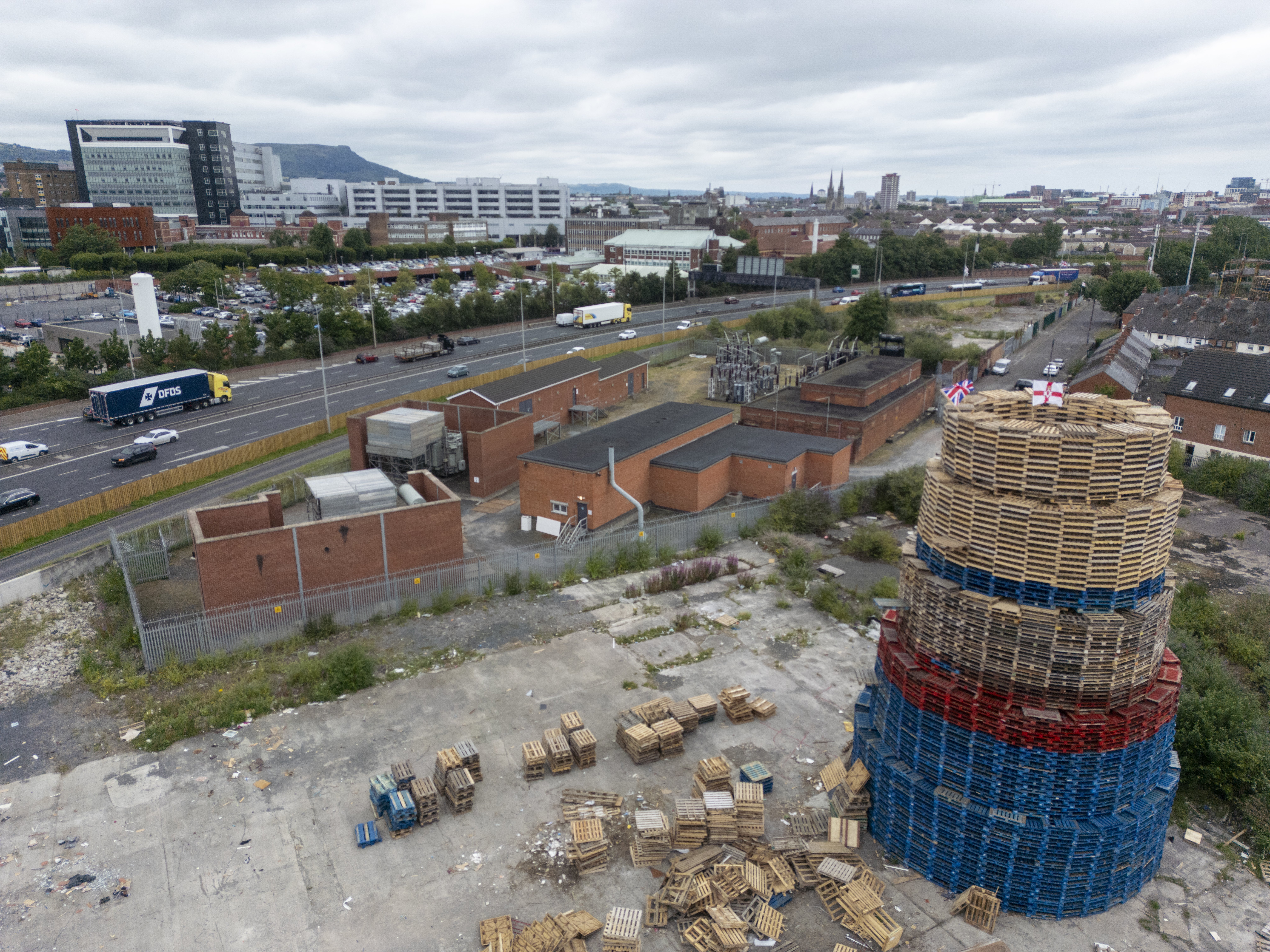 A bonfire on Broadway Industrial Estate off Donegal Road in south Belfast (Liam McBurney/PA)