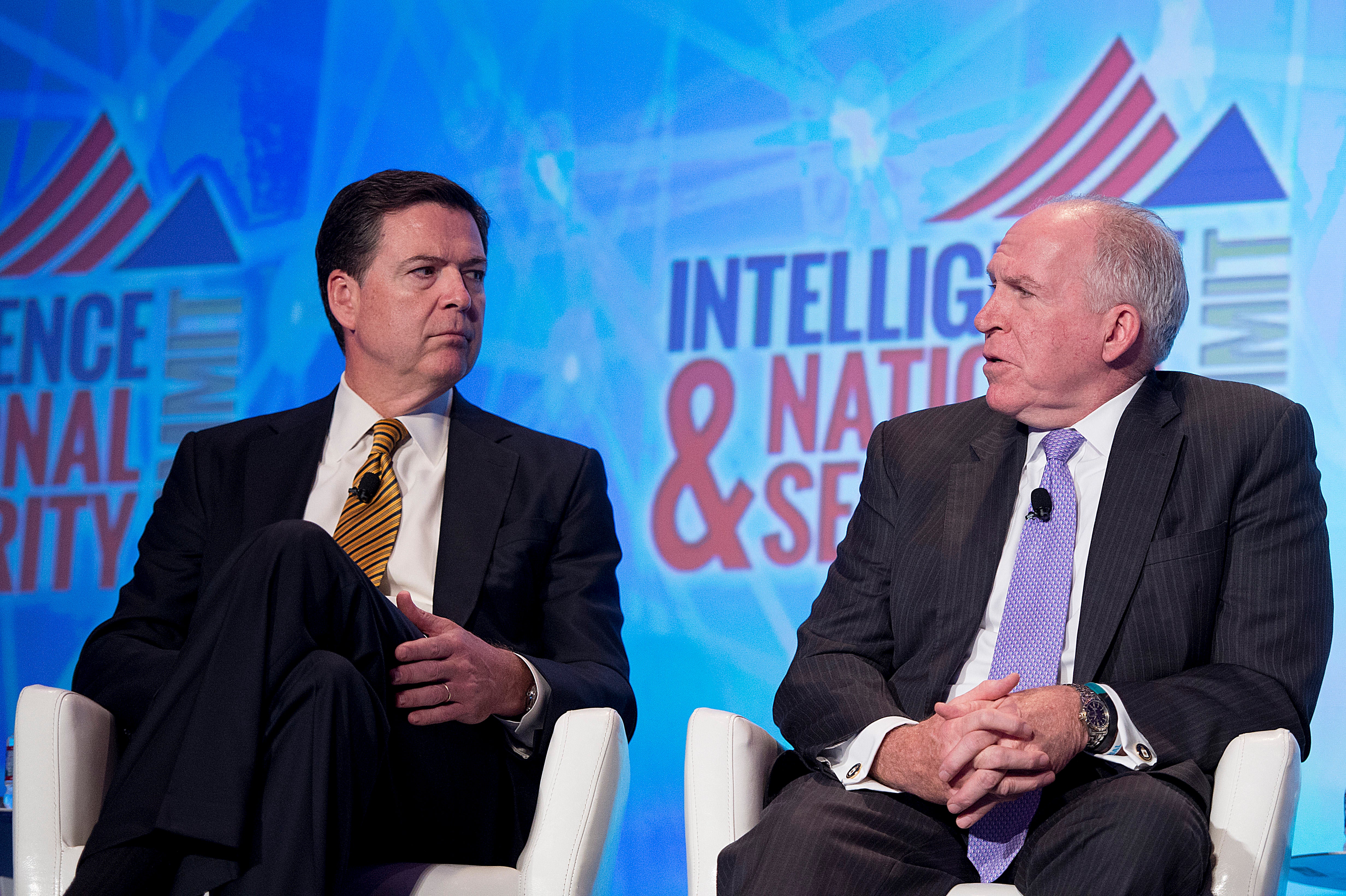 In addition to reportedly testing its own employees, the FBI has launched an investigation into former FBI Director James Comey (left) and former CIA Director John Brennan (right), thought to be related to the pair’s involvement in allegations Russia sought to help the Trump 2016 campaign