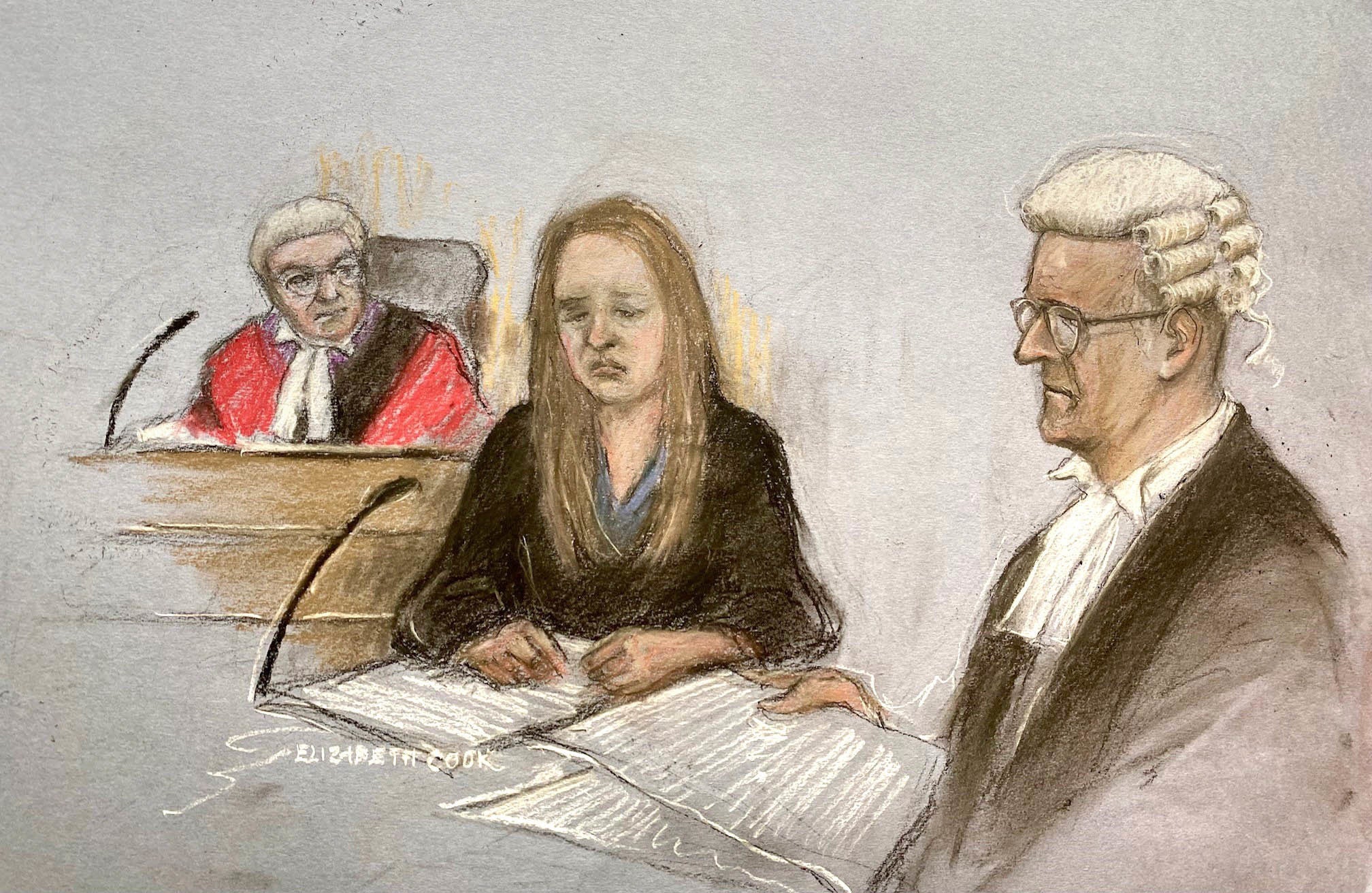 Court artist sketch by Elizabeth Cook of Lucy Letby looking upset when Nicholas Johnson KC (right) said she was enjoying what had happened to child C as she appeared at Manchester Crown Court where she is charged with the murder of seven babies