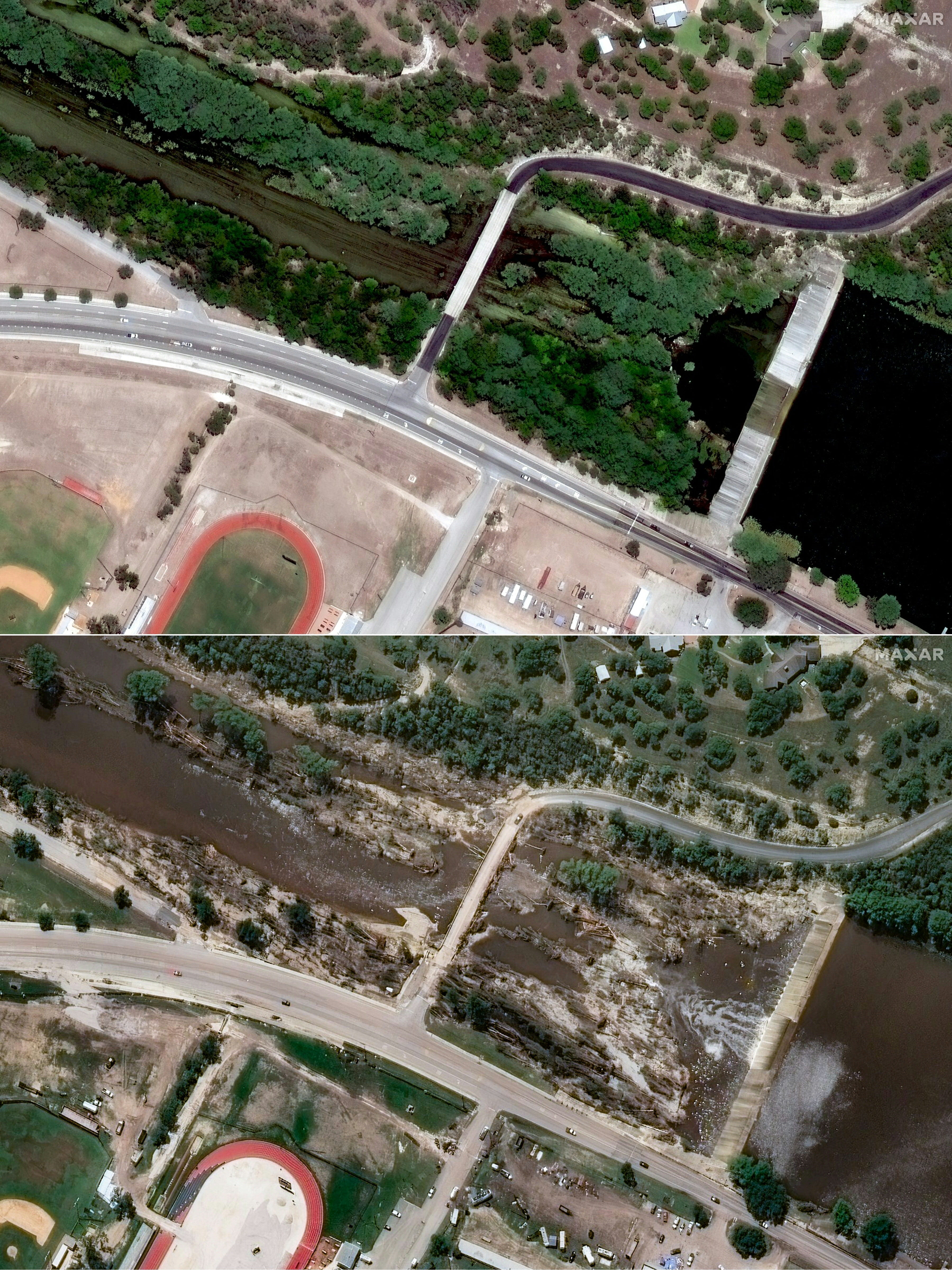 The Ingram Dam pictured before (top) and after the devastating flash floods. Federal and state lawmakers are now questioning officials’ response to the floods, with some arguing there was a lack of preparation for the disaster