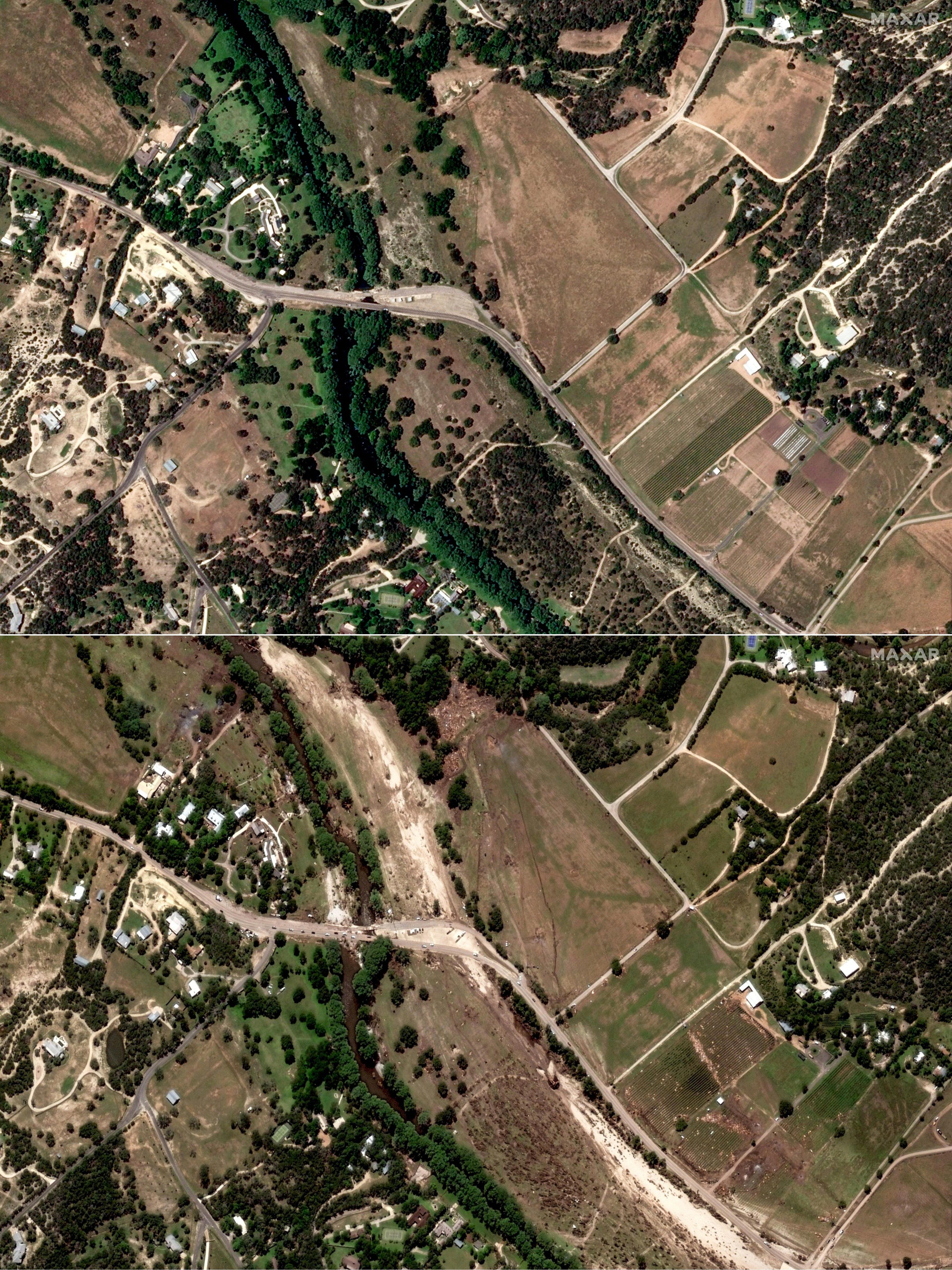 Highway 39 in central Texas pictured before (top) and after the floods.