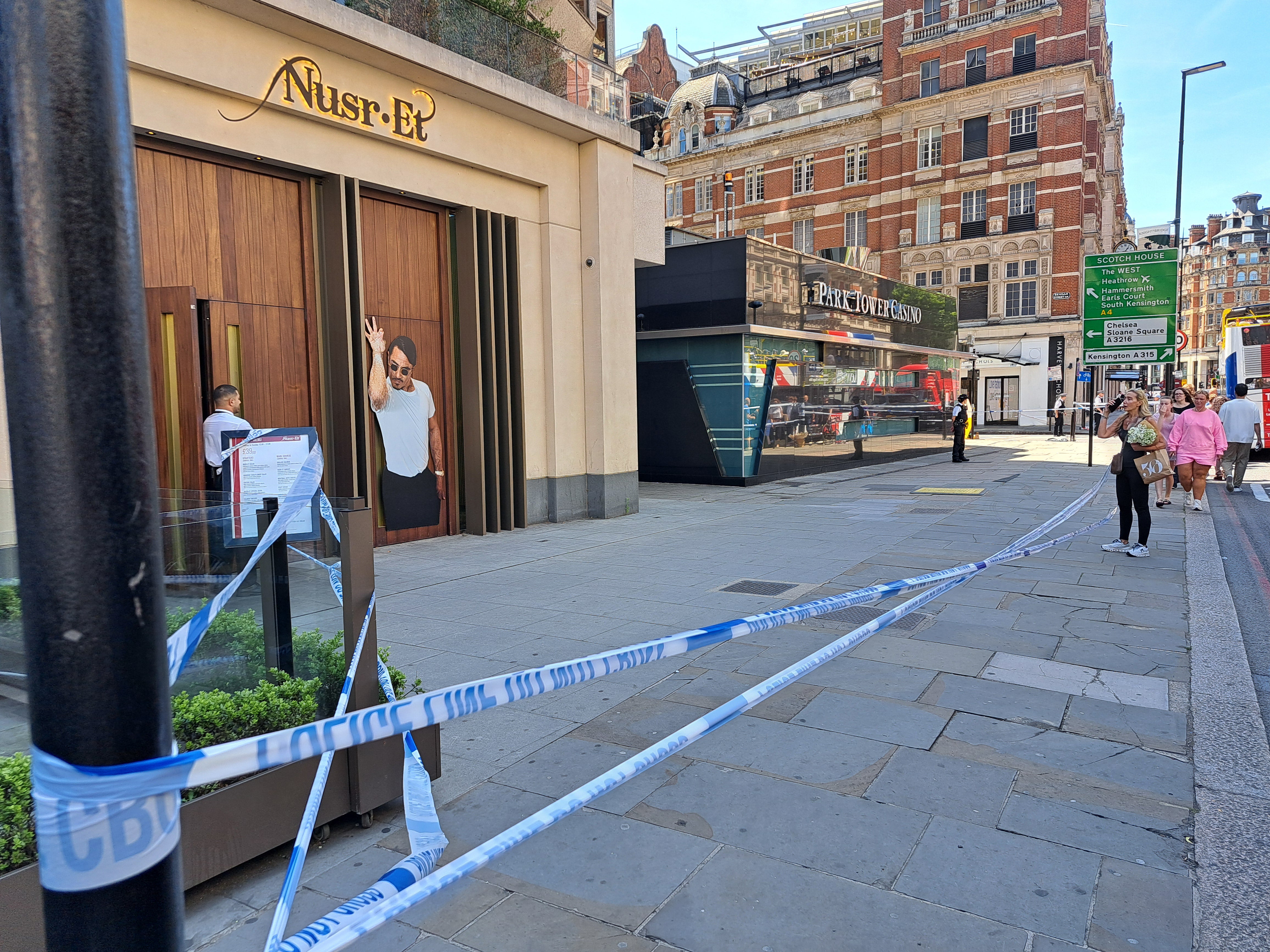 Police have closed off the pavement surrounding the hotel and adjacent restaurant Nusr-Et, run by Turkish chef Nusret Gokce, also known as ‘Salt Bae’