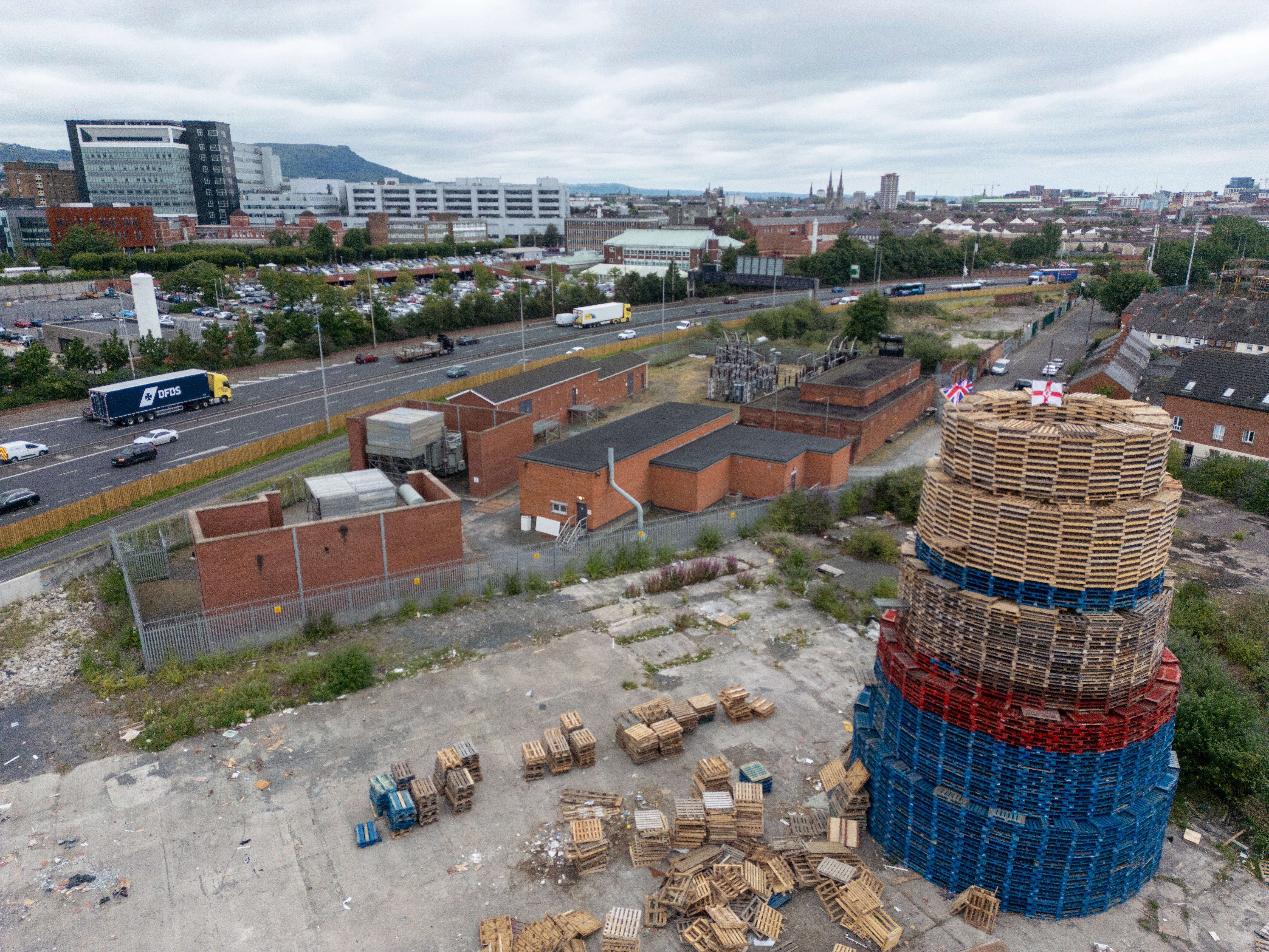 A bonfire on Broadway Industrial Estate off Donegal Road in south Belfast yards away from a Northern Ireland Electricity substation and close to Royal Victoria Hospital.