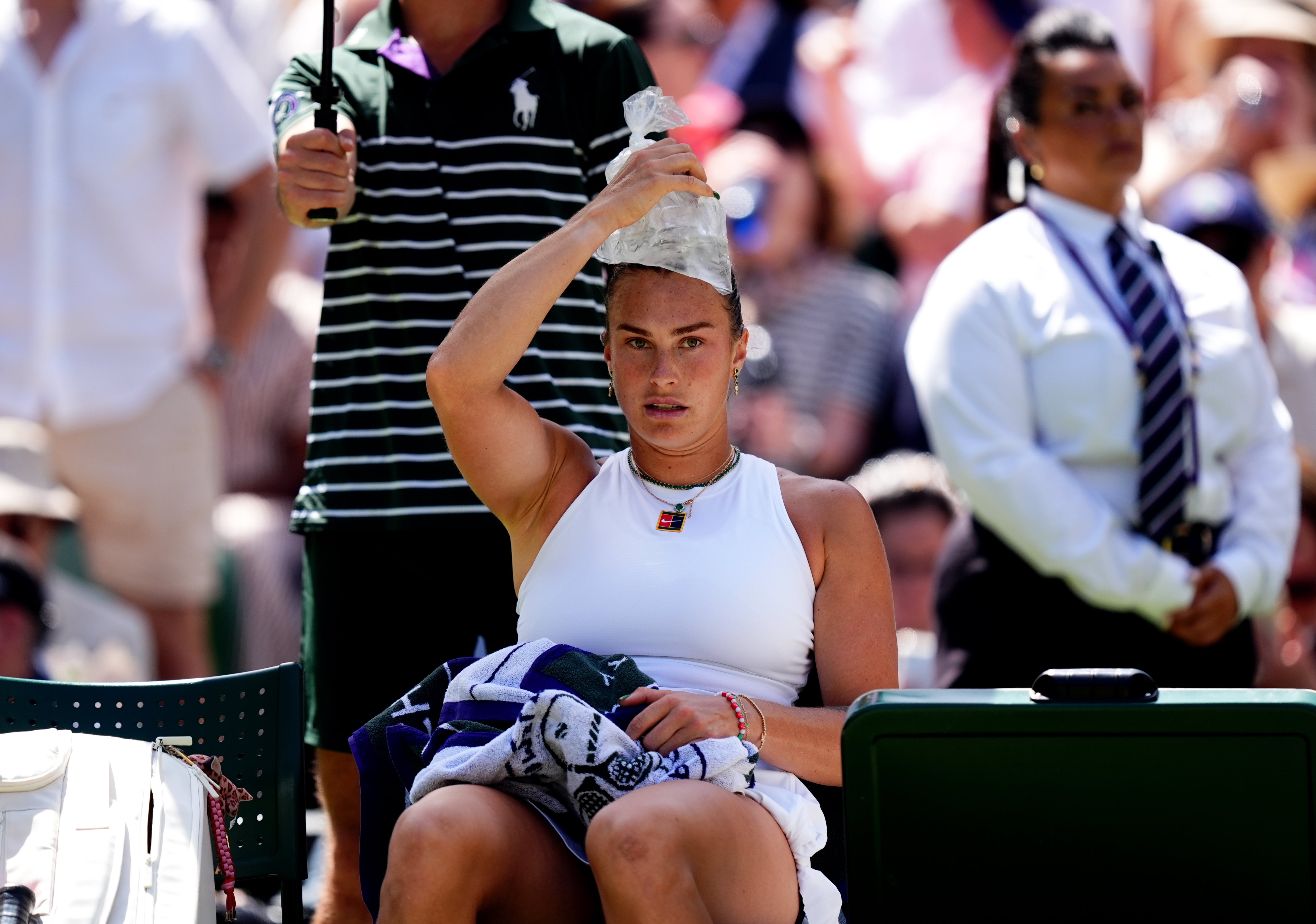 Aryna Sabalenka cools down in-between games during her Ladies’ Singles match against Amanda Anisimova (Mike Egerton / pa).