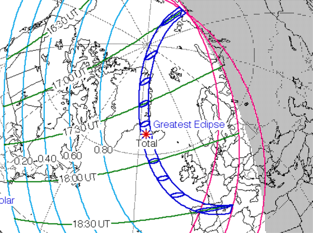 Stripe of darkness: Nasa map showing the path of the 12 August 2026 total solar eclipse