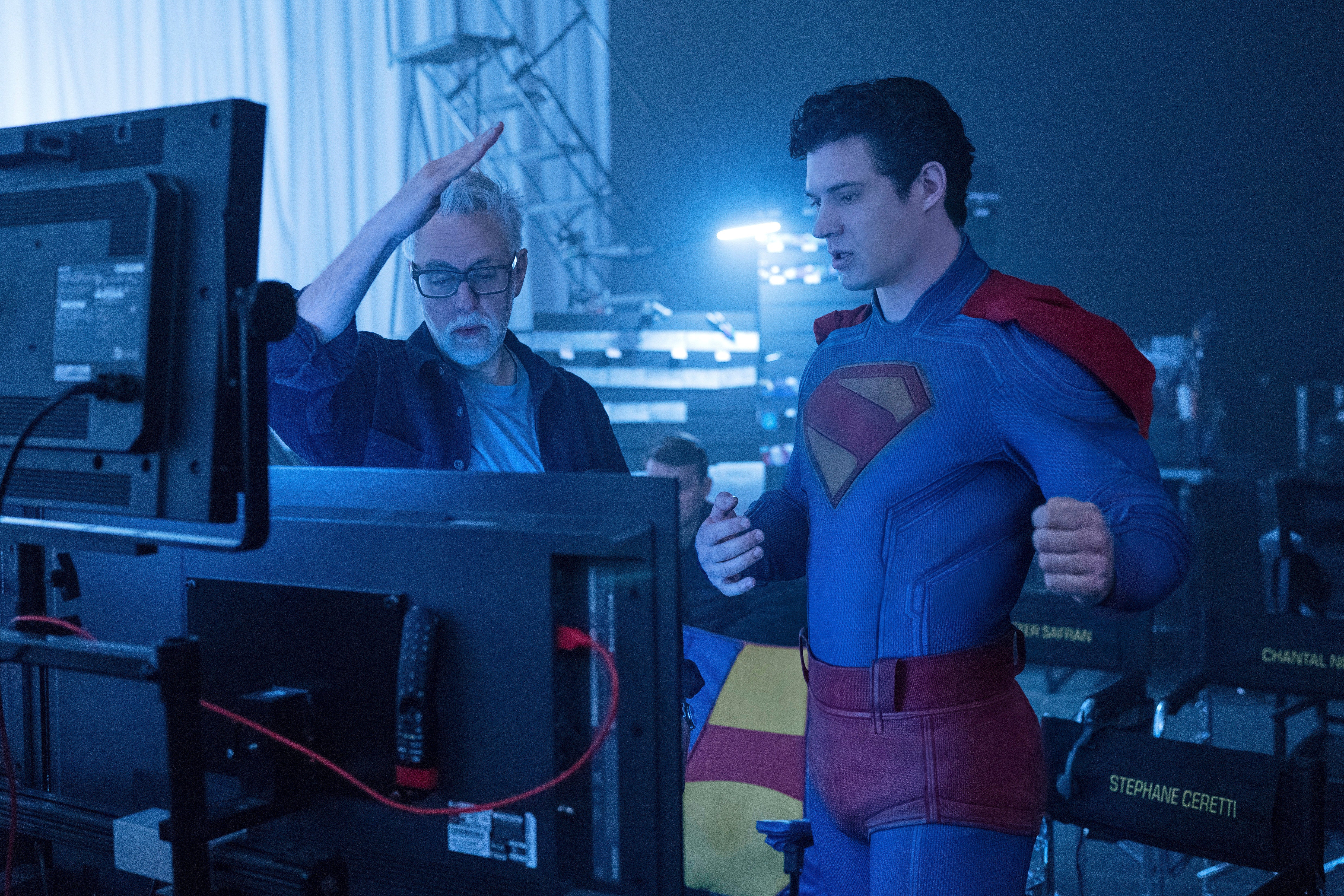 James Gunn (left) and David Cornswet behind the scenes of ‘Superman’