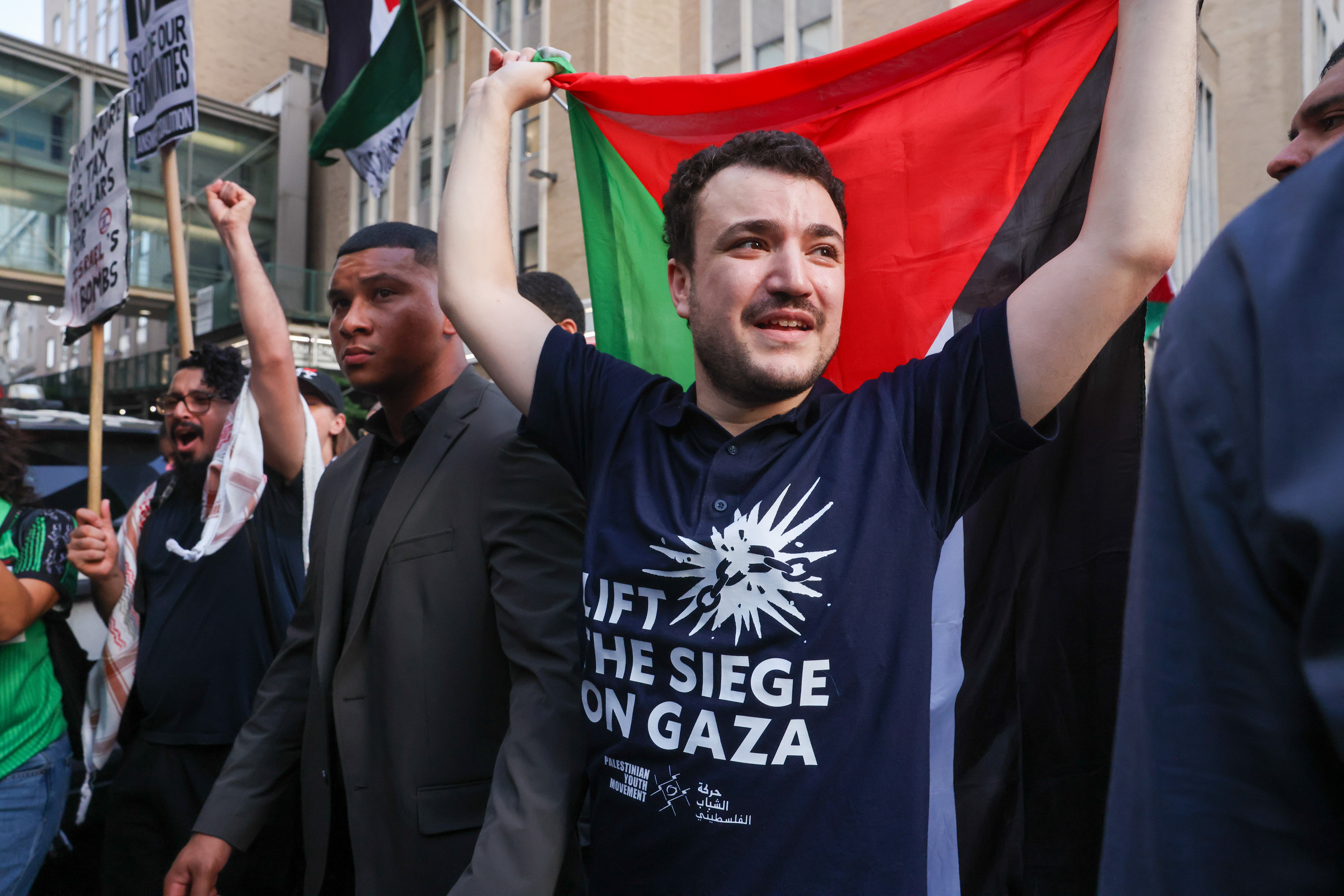 Activist Mahmoud Khalil marches with supporters after he was released from ICE custody