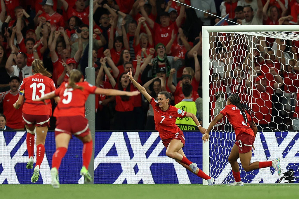 Riola Xhemaili celebrates Switzerland's equaliser that sent them through