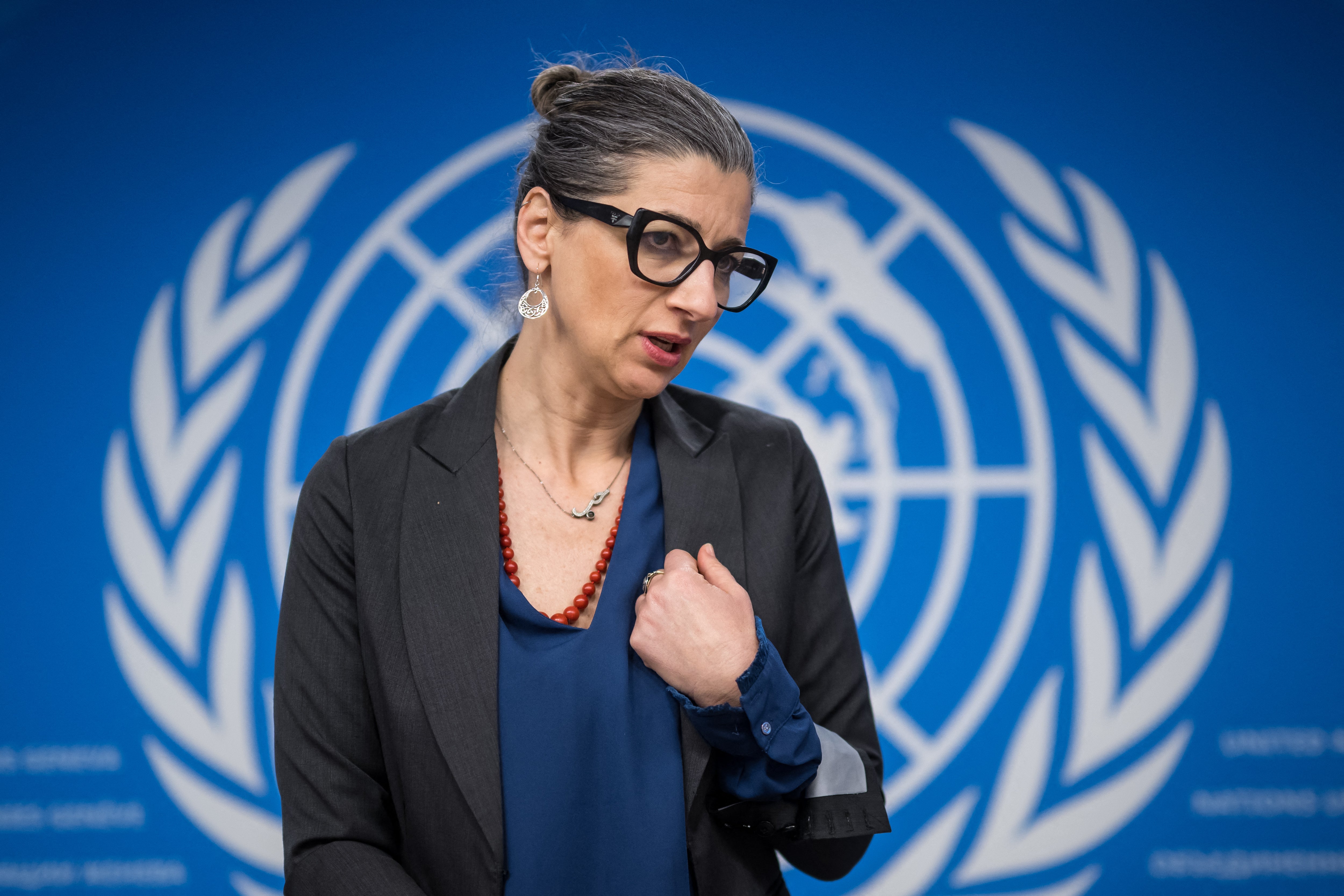 Francesca Albanese gestures after a press conference at the UN Human Rights Council in Geneva on 27 March 2024