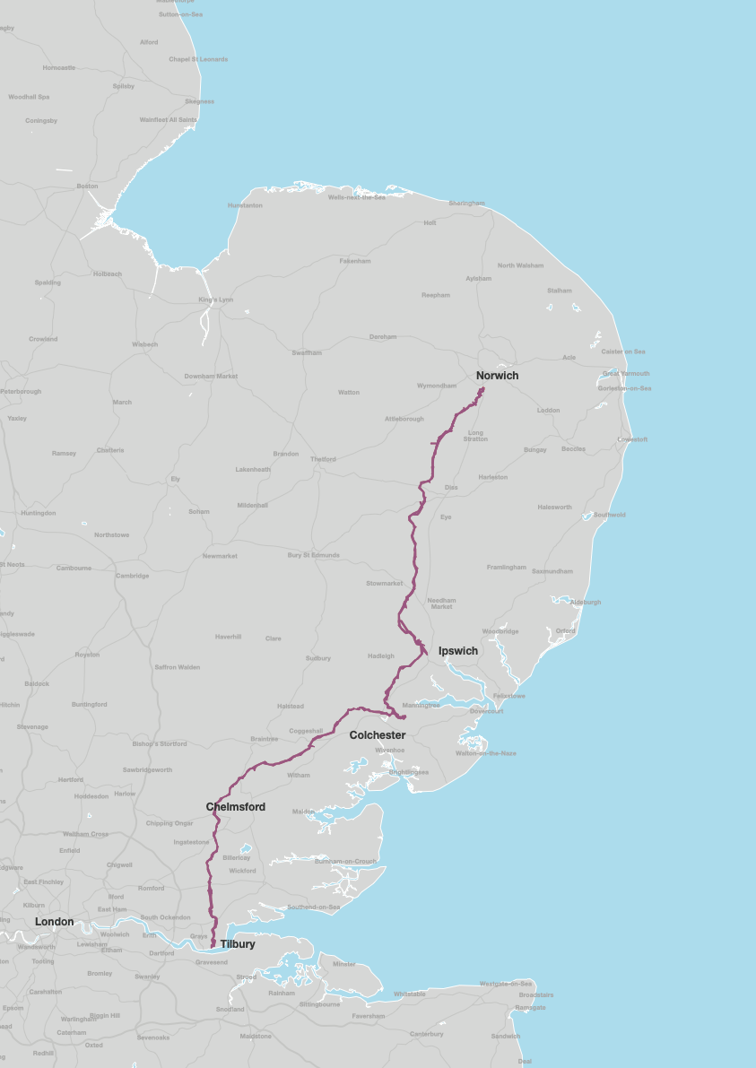The proposed location of the project, which would stretch from Norwich to Tilbury