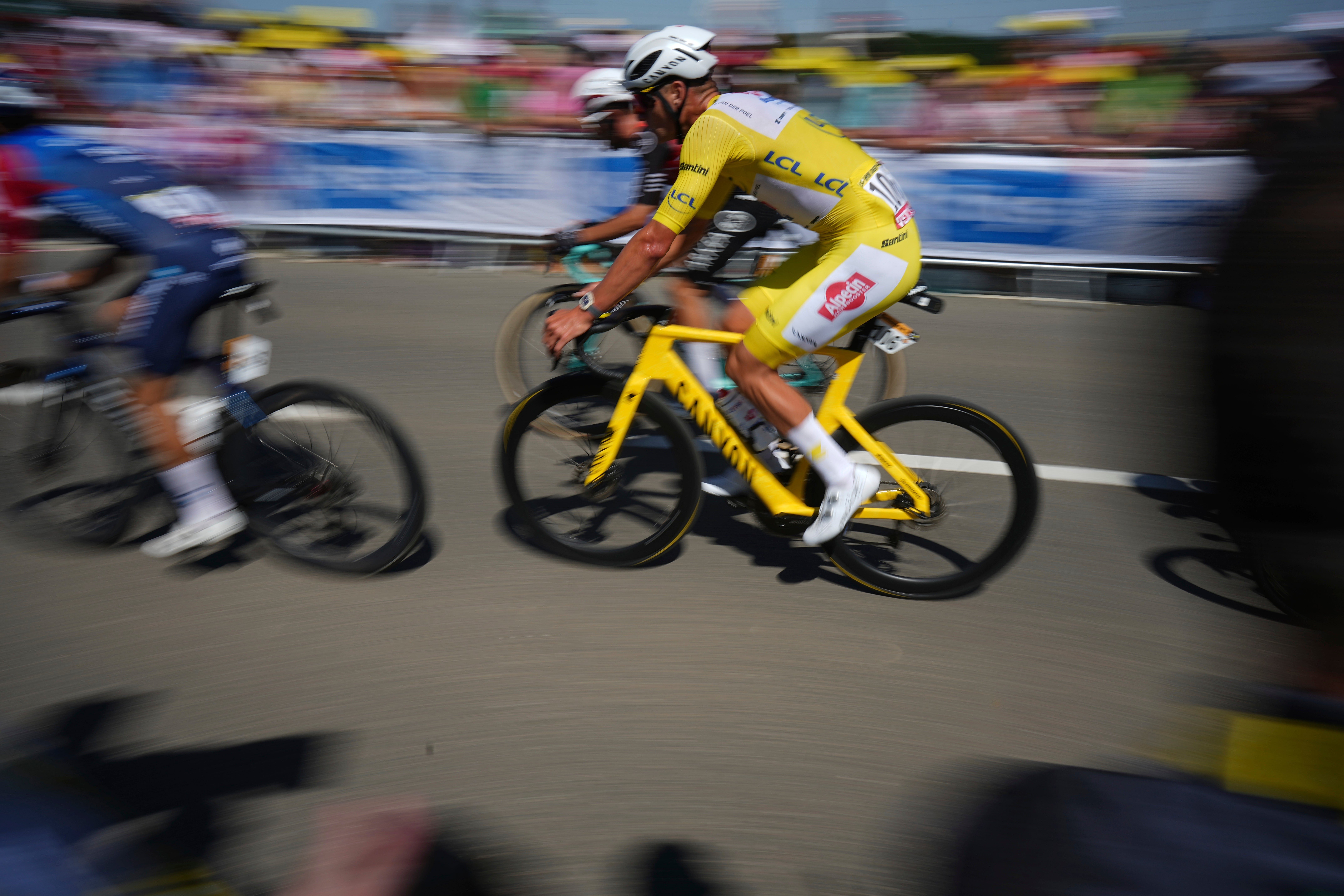 Netherlands' Mathieu van der Poel wearing the overall leader's yellow jersey rides during the seventh stage of the Tour de France