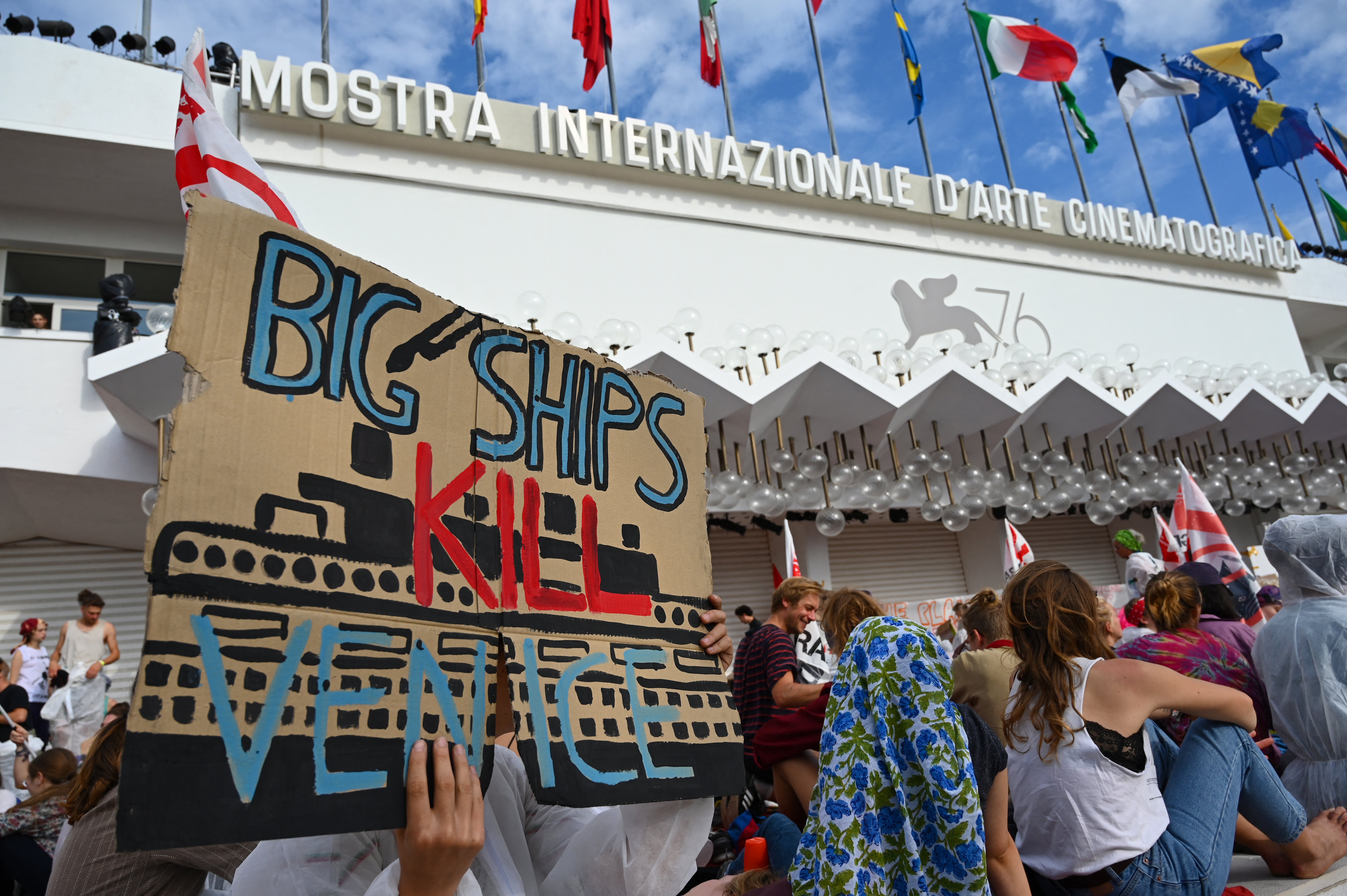 Members of Venice’s ‘No Big Ships’ committee stage a protest against the cruise ships that sail in the Venice lagoon in 2019
