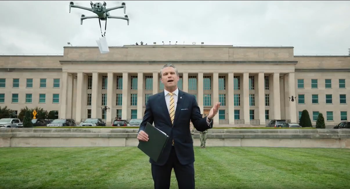 Secretary of Defense Pete Hegseth appears in a promotional video announcing a new drone policy at the Pentagon — a clip that Fox News aired multiple times Friday morning.