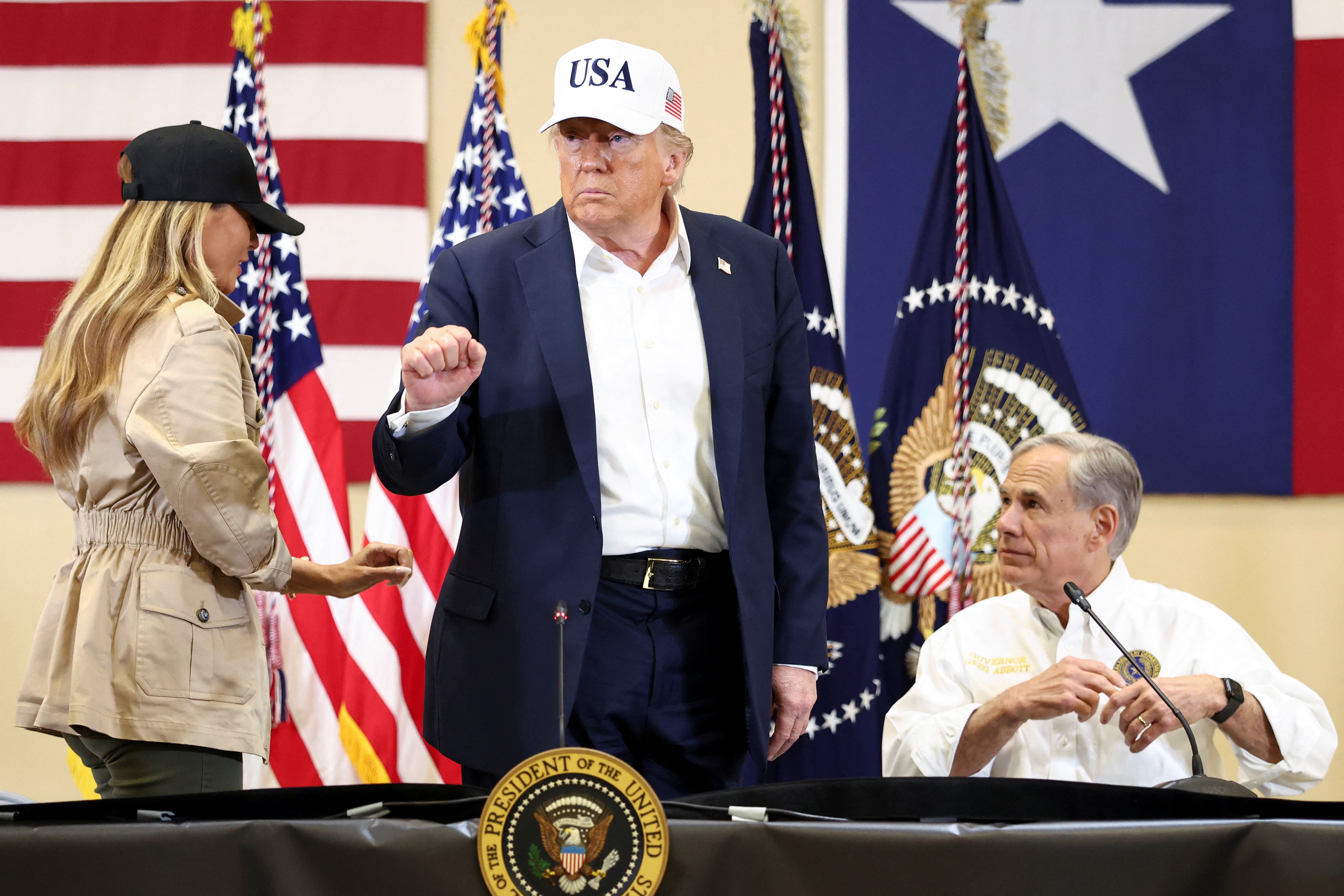 Trump participates in a roundtable with first responders and local officials after catastrophic floods, at Hill Country Youth Center