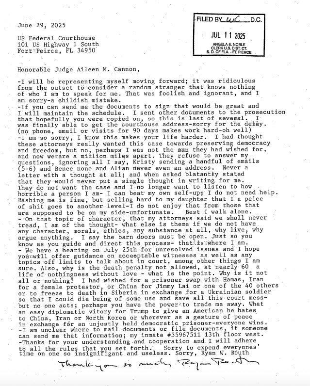 Ryan Routh wrote in a letter to the court his decision to use court-appointed lawyers was ‘foolish and ignorant’