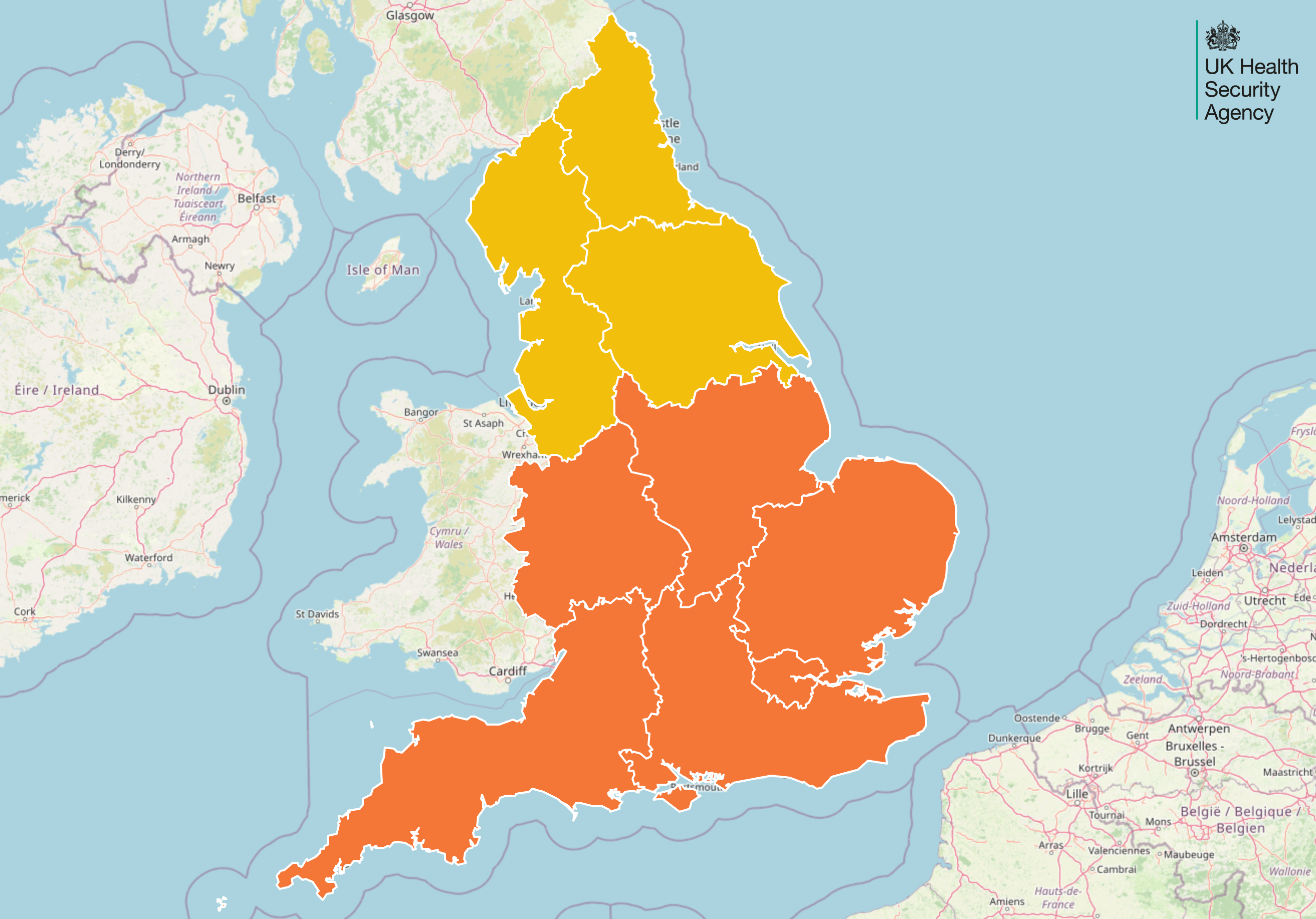 A map from the UKHSA shows where yellow and amber heat alerts are in place in England