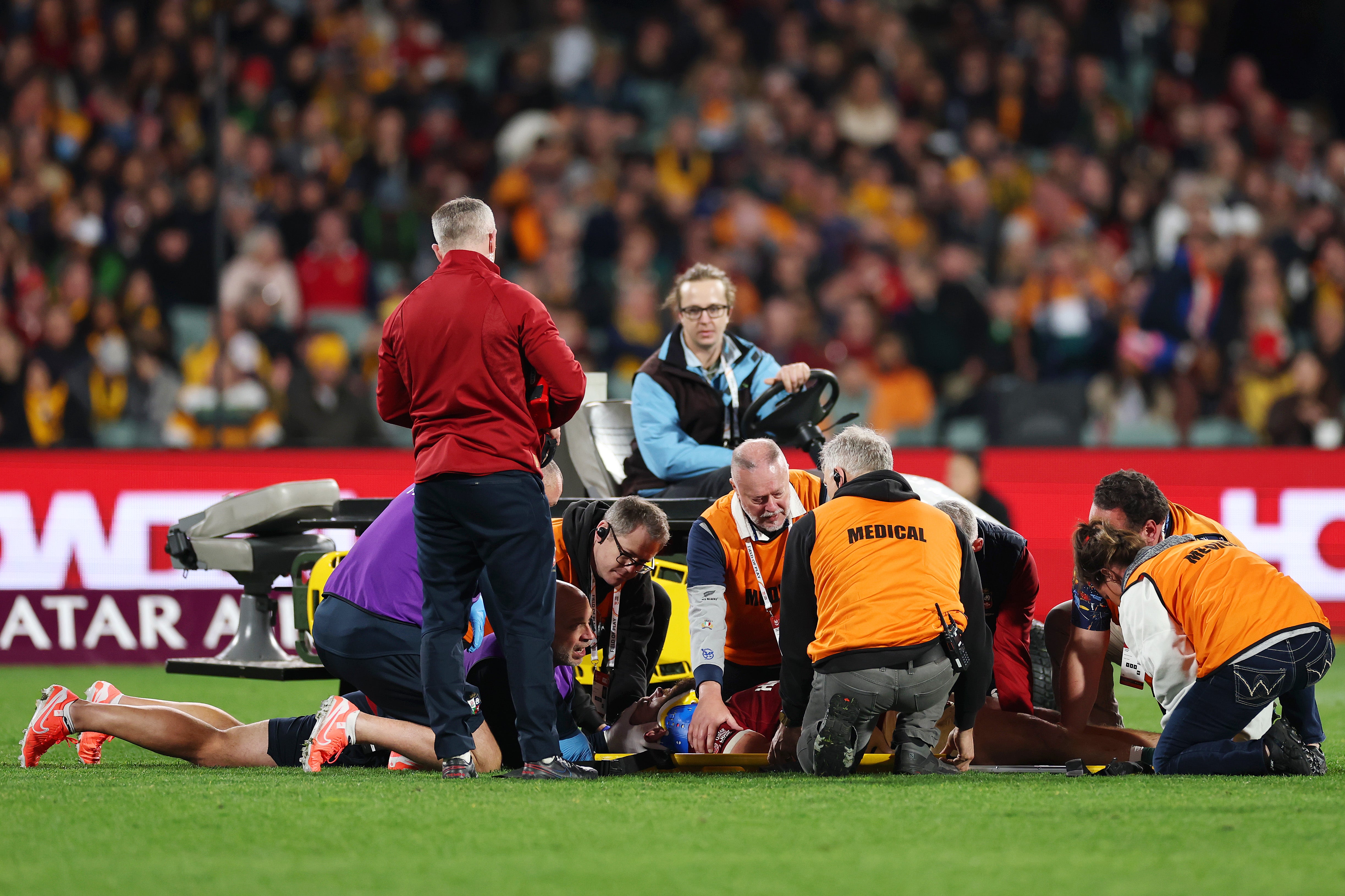 Luke Cowan-Dickie of British & Irish Lions receives medical treatment