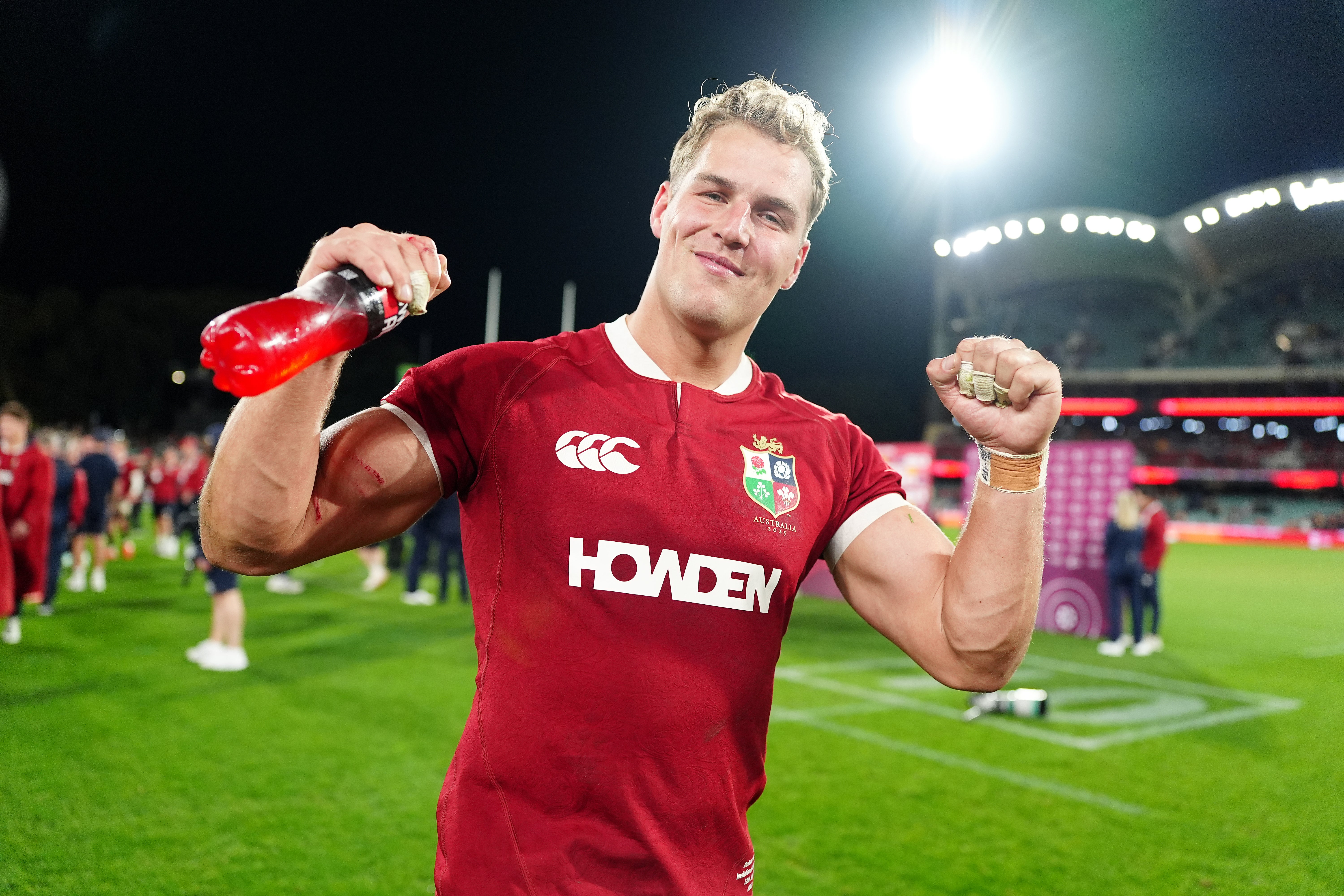 British and Irish Lions’ Duhan van Der Merwe celebrates following the match in Adelaide