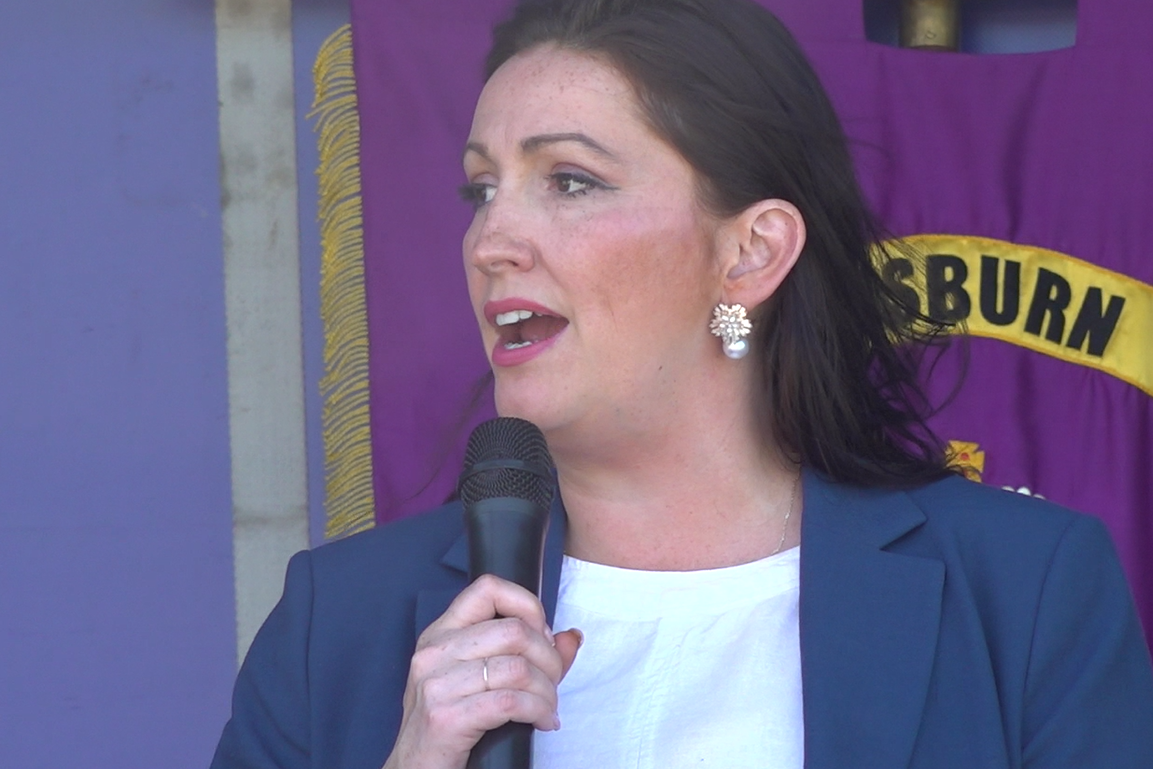 Emma Little-Pengelly delivered the main address at the Orange Order parade in Lisburn (Jonathan McCambridge/PA)