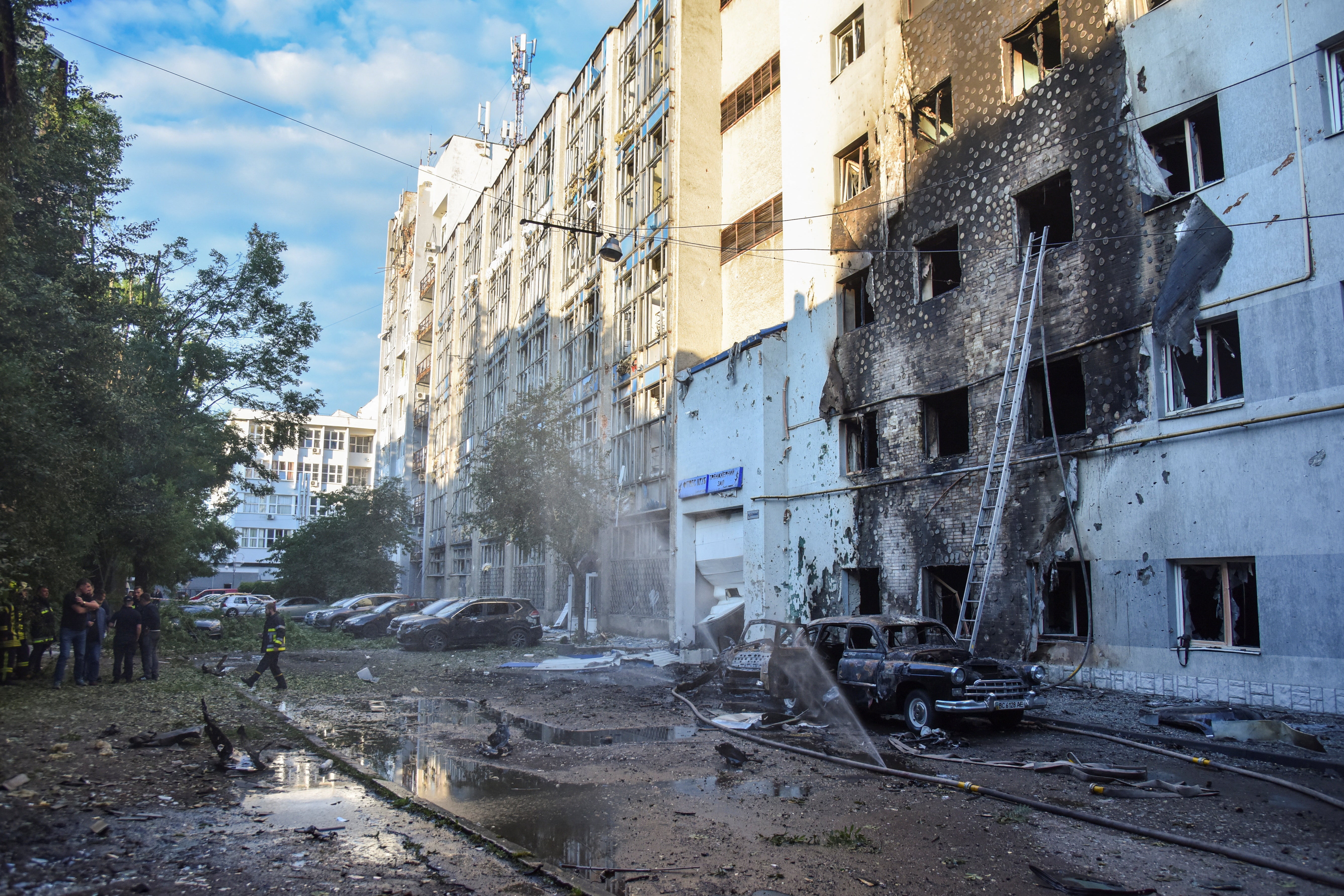 A damaged residential building in Lviv
