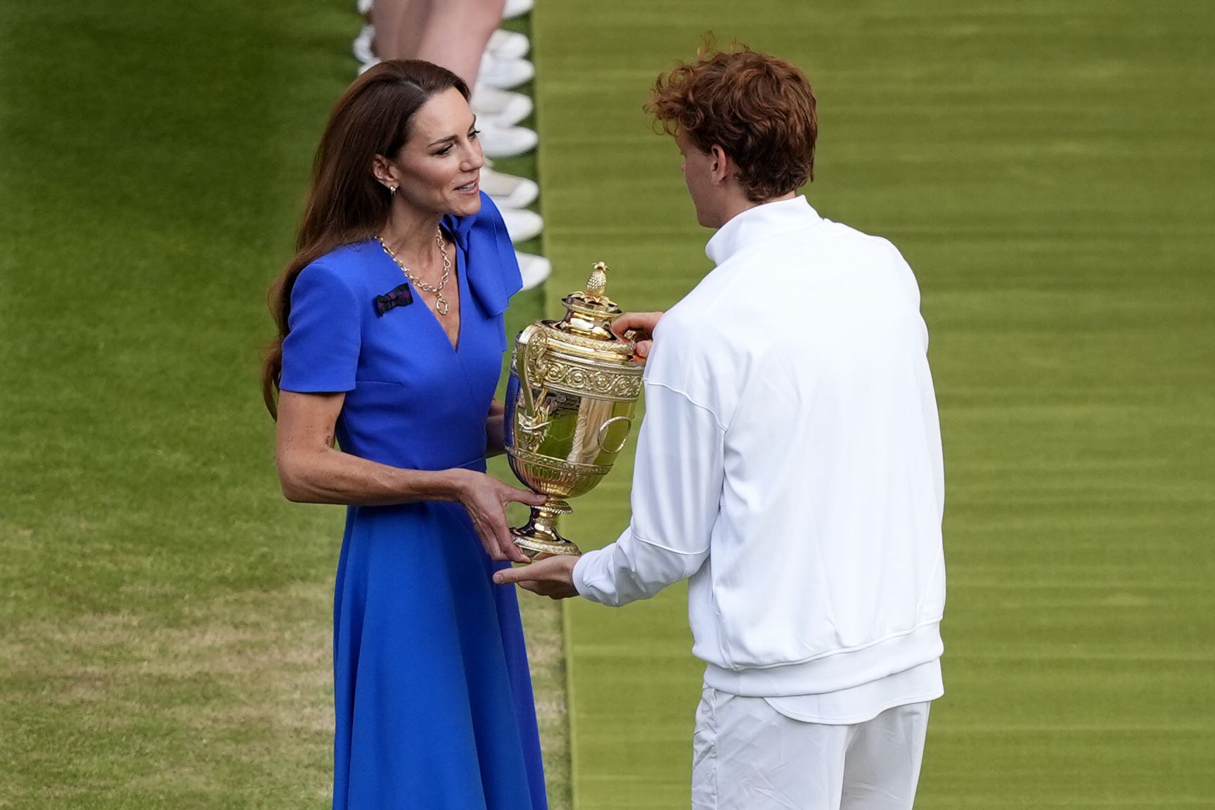 The Princess of Wales presents the Gentlemen’s Singles Trophy to Jannik Sinner following his victory over Carlos Alcaraz on day 14 of the 2025 Wimbledon Championships at the All England Lawn Tennis and Croquet Club, London (Jordan Pettitt/PA)