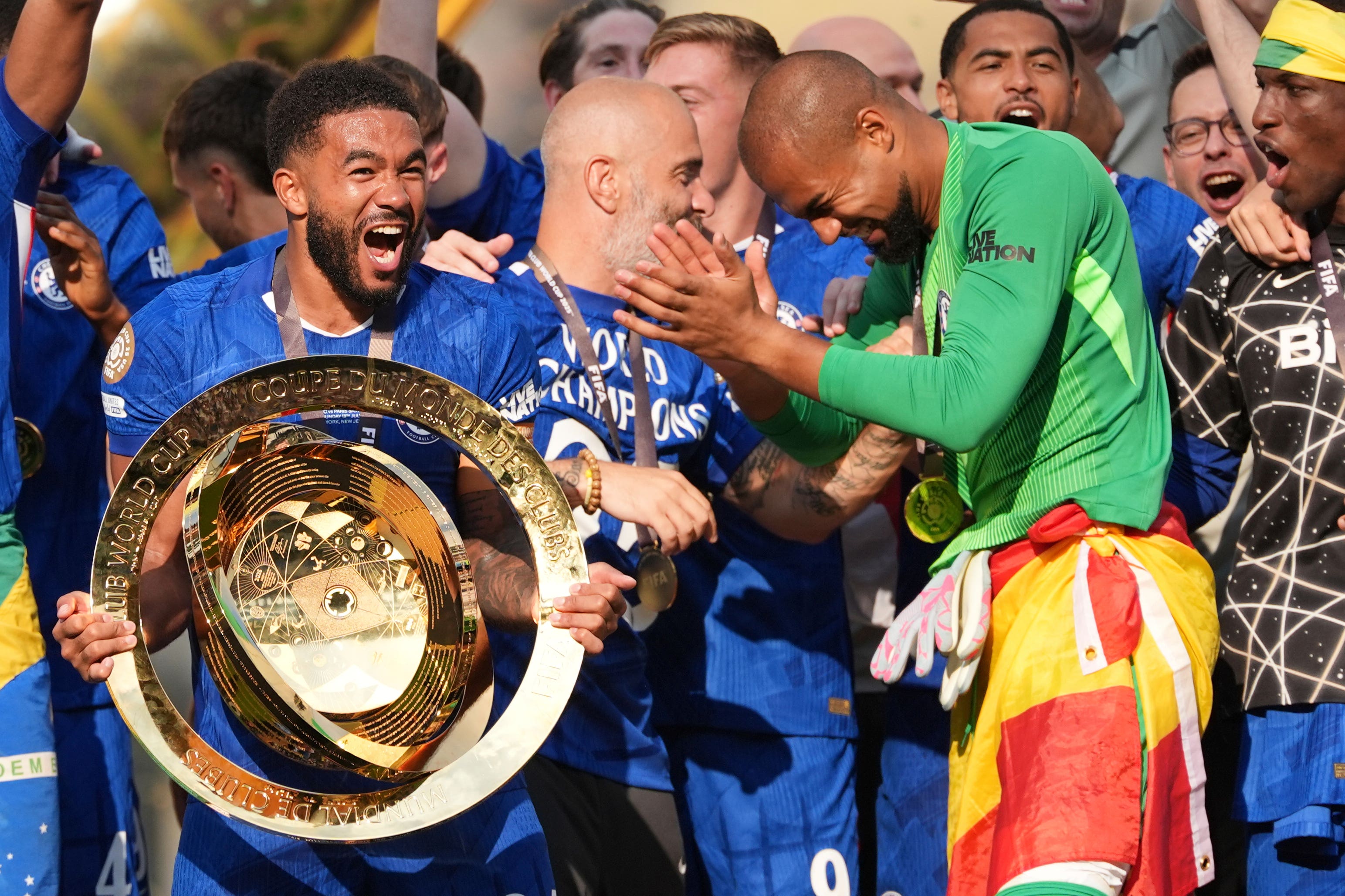 Captain Reece James holds the trophy after Chelsea’s Club World Cup triumph (Seth Wenig/AP)