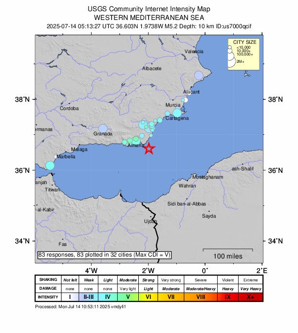 The earthquake hit southern Spain, including popular tourist hotspots Costa del Sol and Alicante, at around 7am on Monday