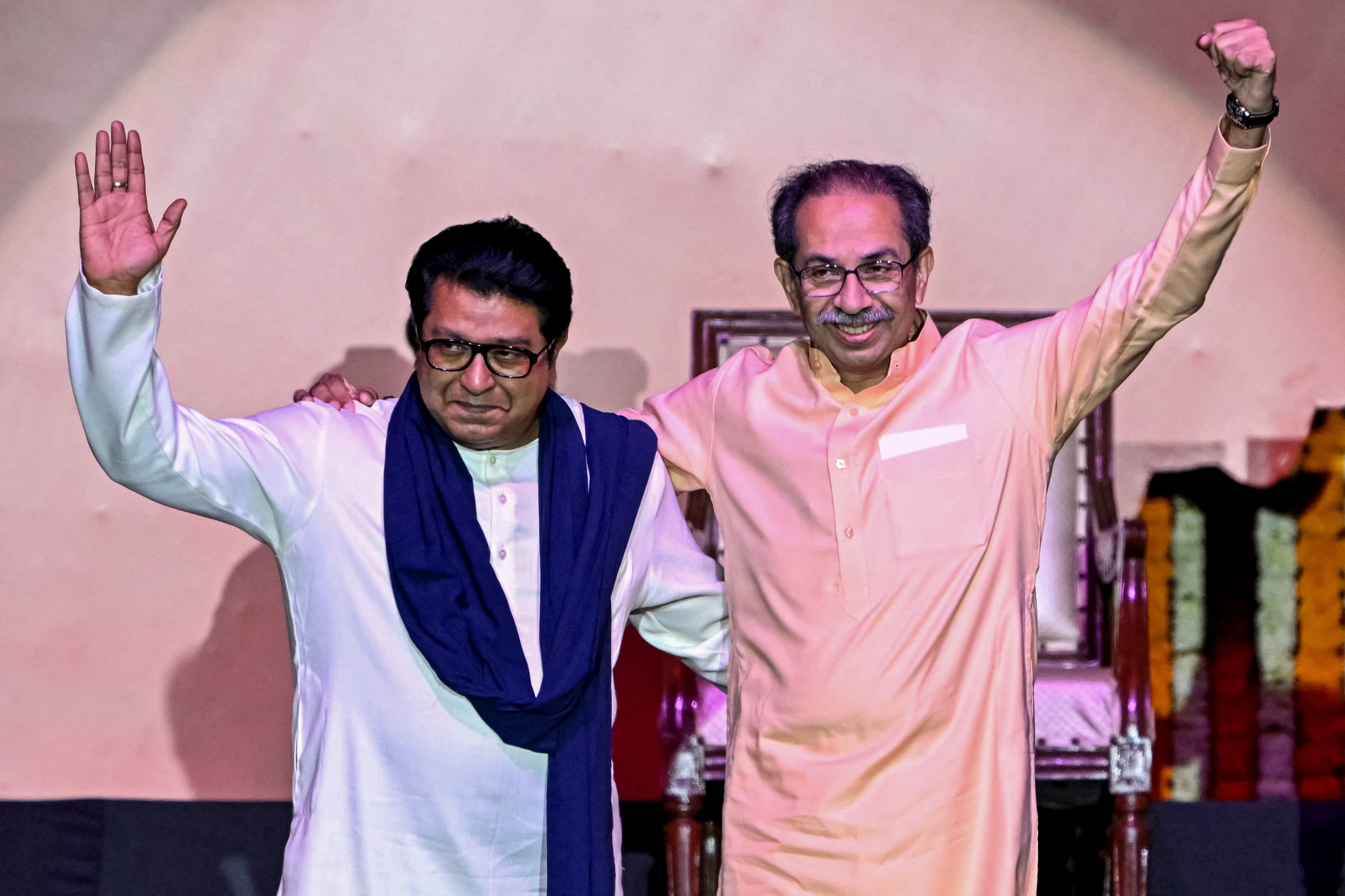 Uddhav Thackeray and Raj Thackeray address a joint rally against the imposition of the Hindi language in primary schools in Mumbai