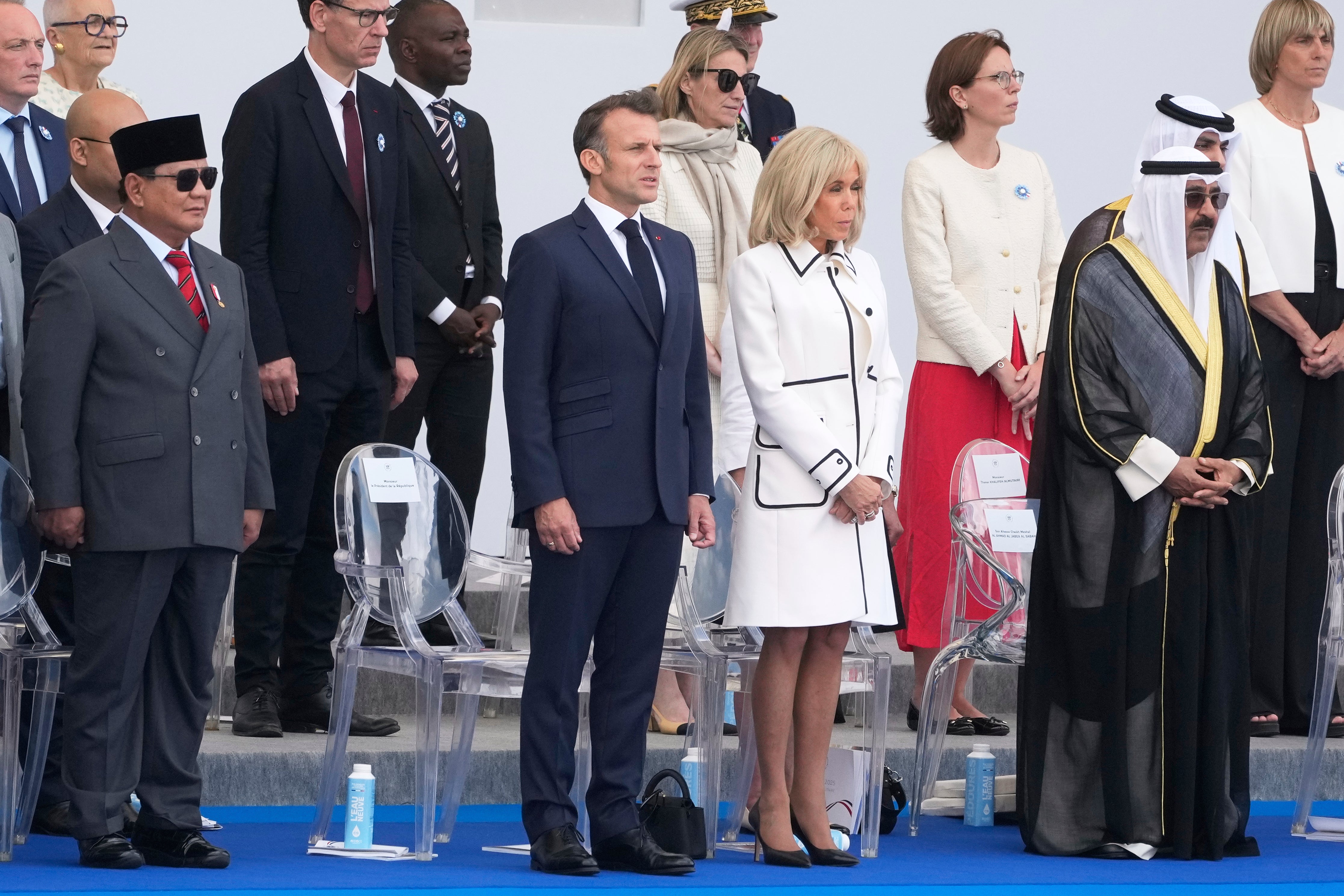 Emmanuel Macron and his wife Brigitte Macron stand with Indonesia’s President Prabowo Subianto, left, and Emir of Kuwait Sheikh Mishal Al Ahmad Al Sabah, right