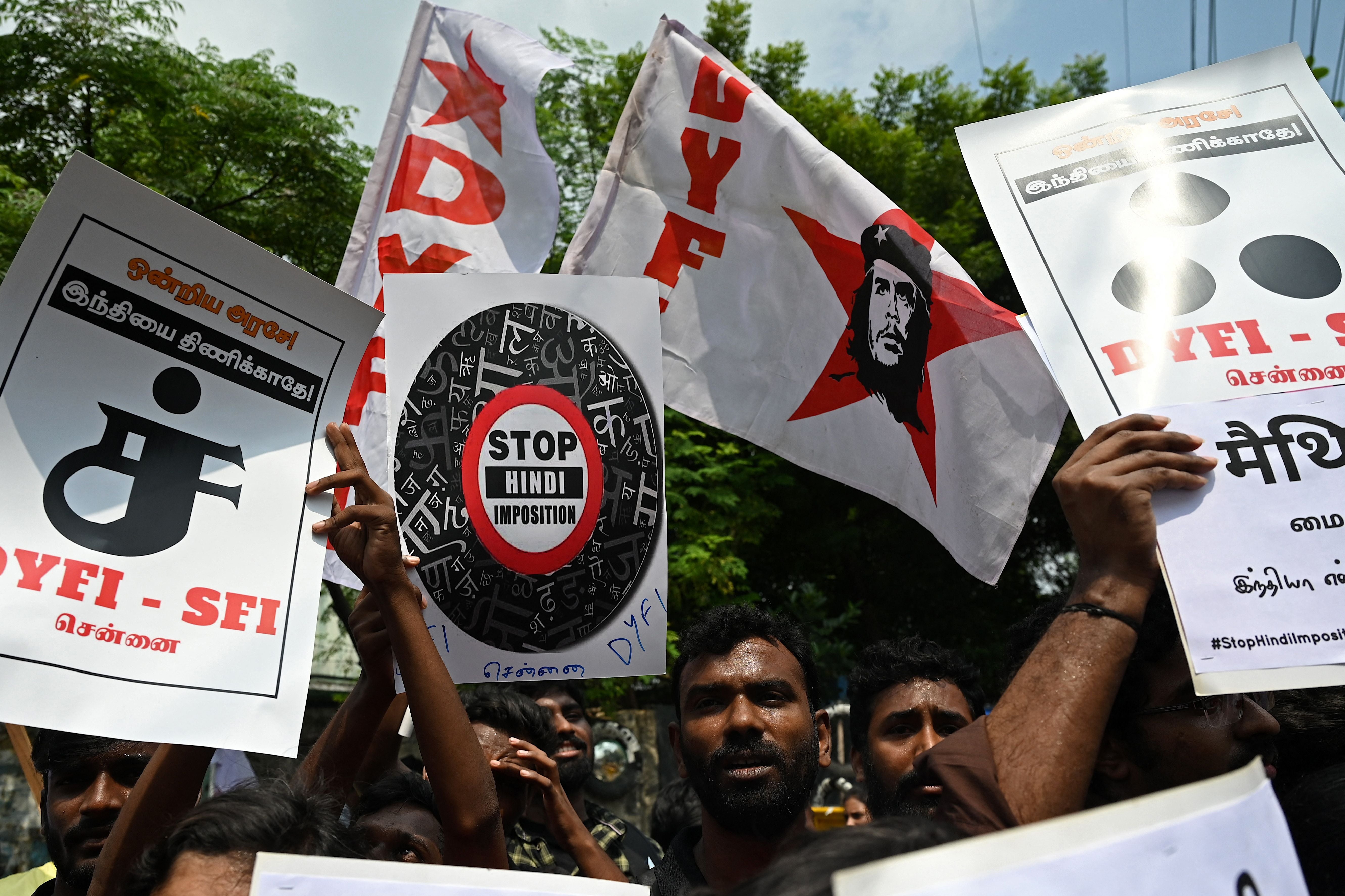 Students of Democratic Youth Federation of India during a protest against the union government for imposition of Hindi in non-Hindi speaking states of the country, in Chennai