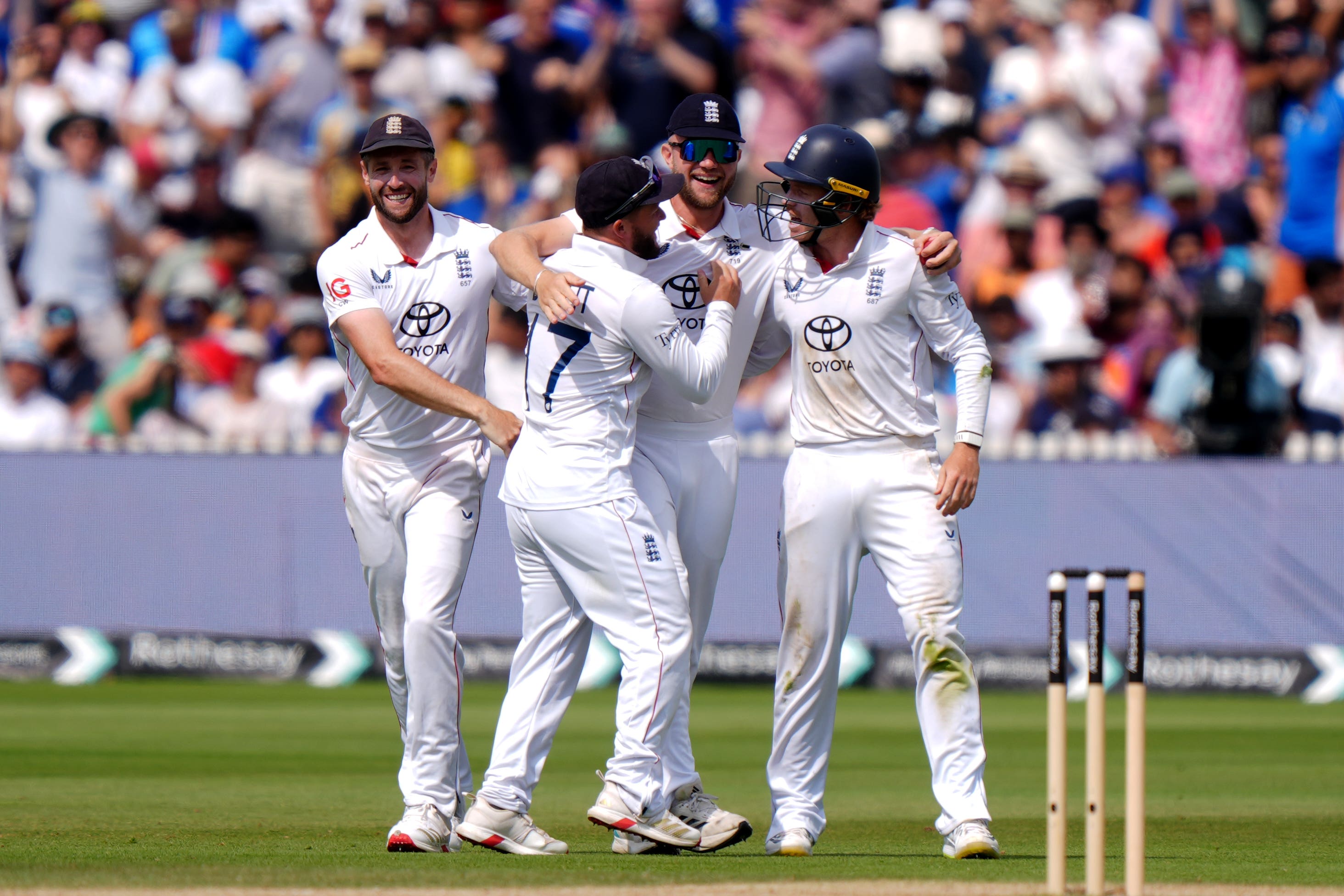 England’s Sam Cook celebrates the wicket of India’s Jasprit Bumrah (Bradley Collyer/PA)