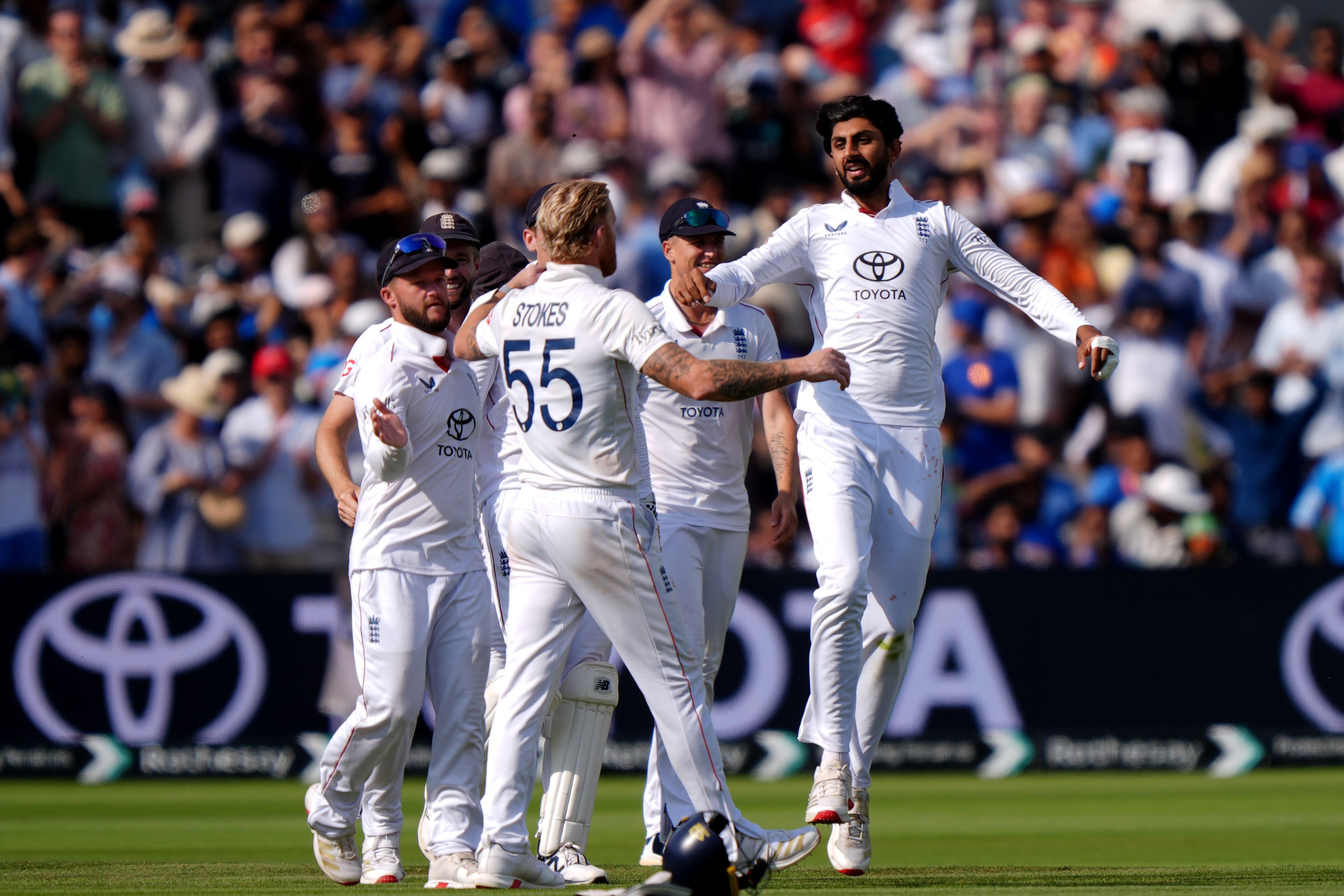 England’s Shoaib Bashir (right) celebrates taking the final wicket in a 22-run win over India at Lord’s