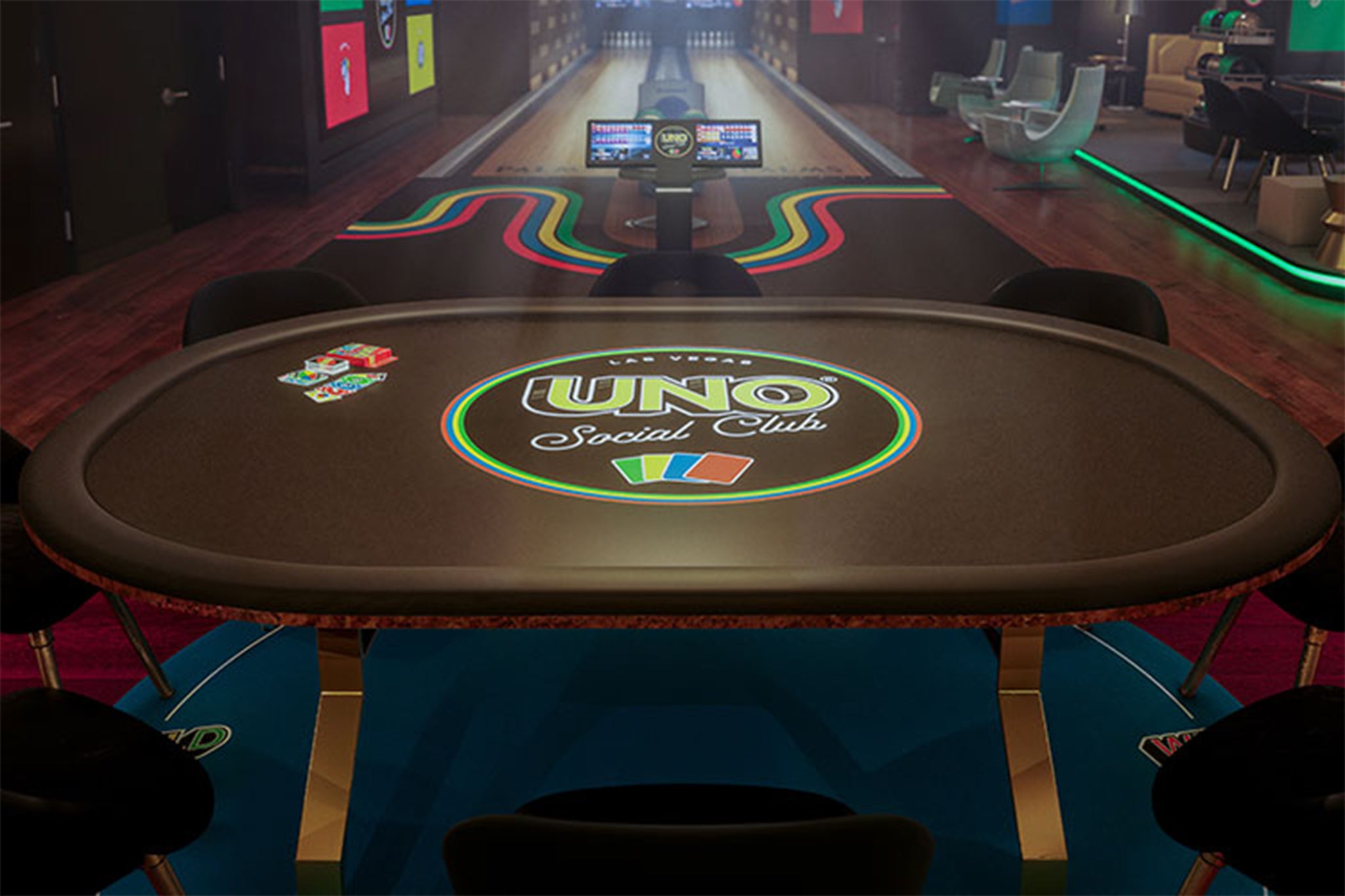 An Uno card table at the new Mattel social club in the Palms Casino Resort in Las Vegas