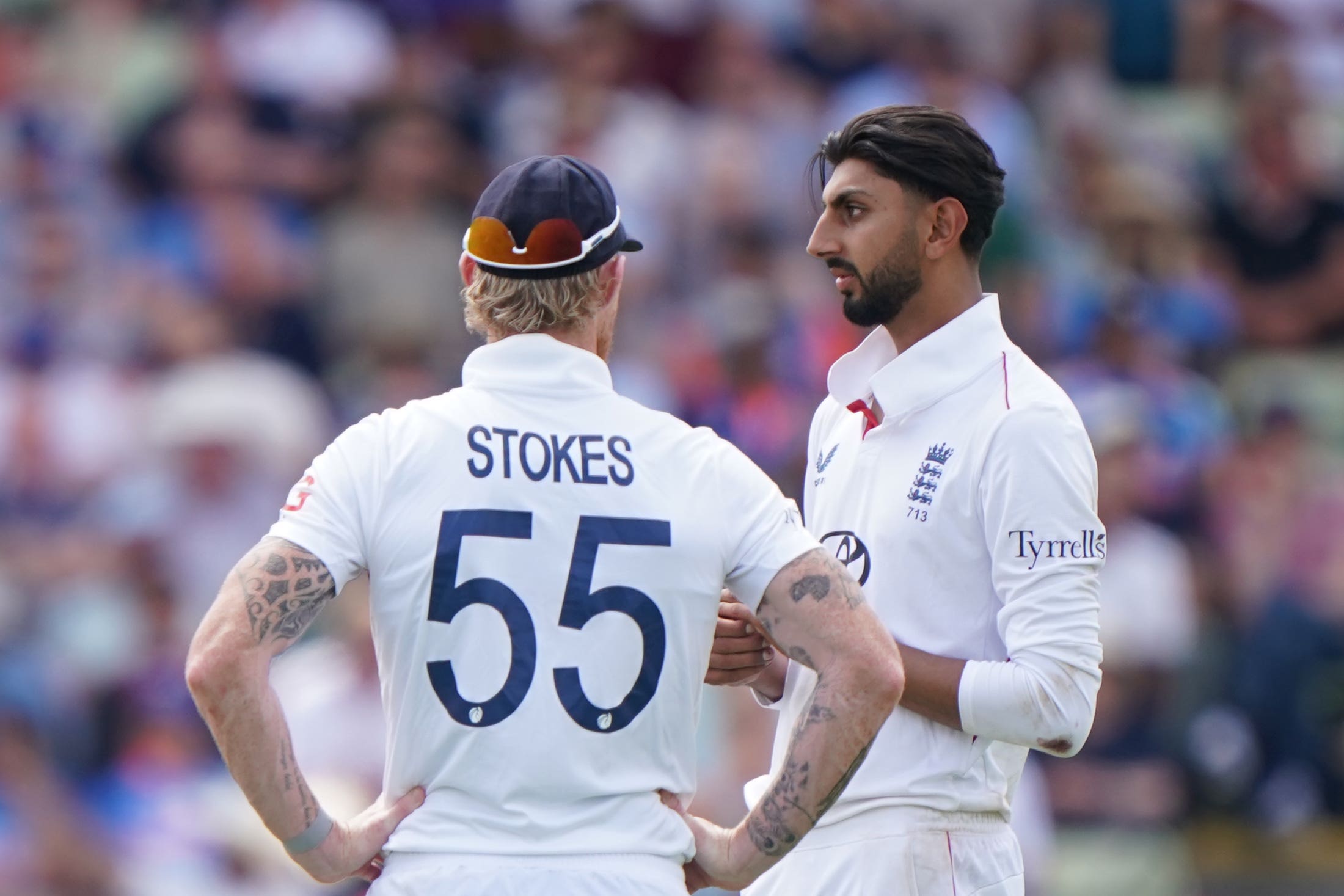 England captain Ben Stokes with off-spinner Shoaib Bashir