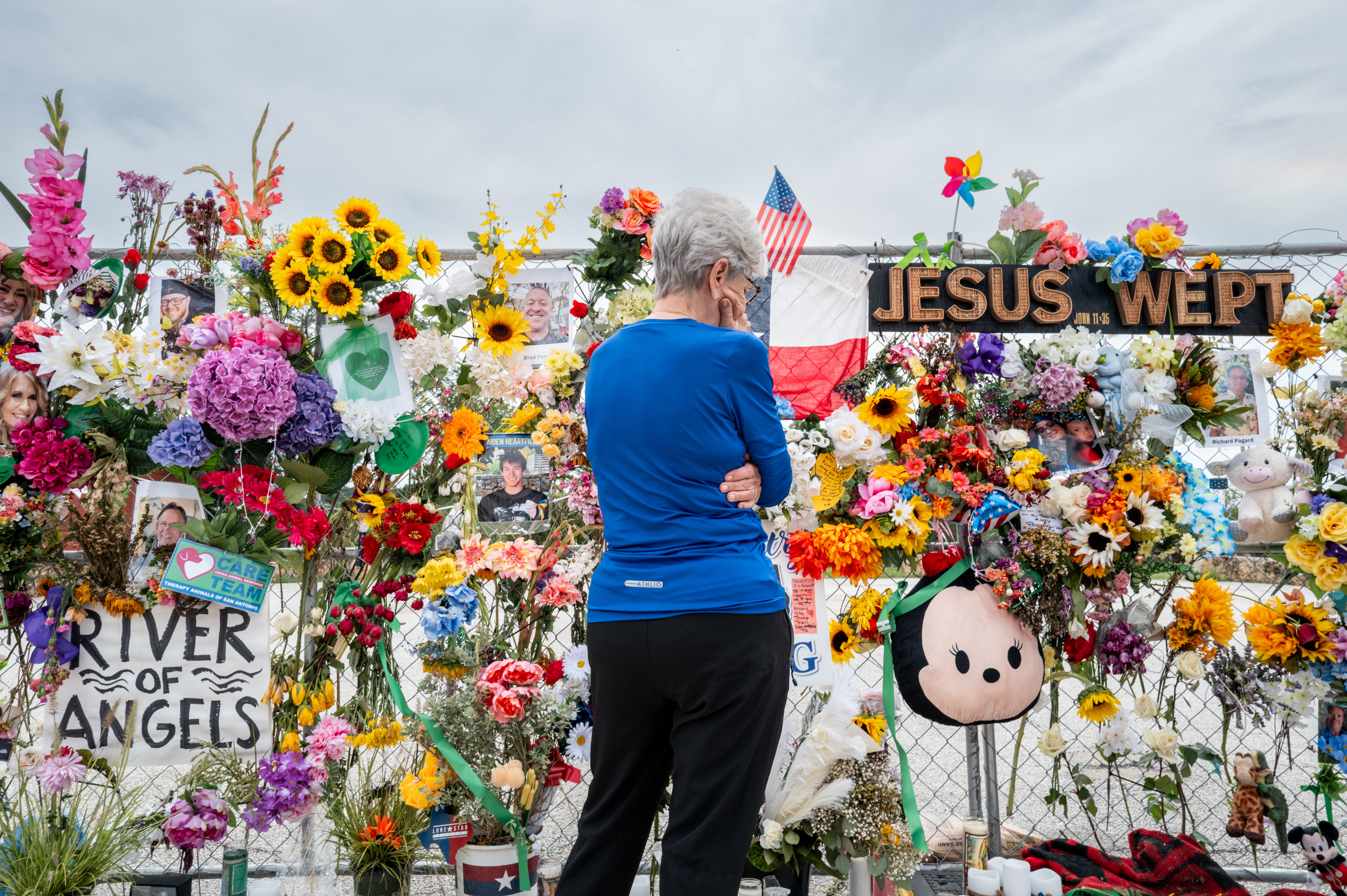 A stuffed animal is seen on a memorial wall dedicated to the victims of the July 4 floods in Kerrville, Texas, on July 13