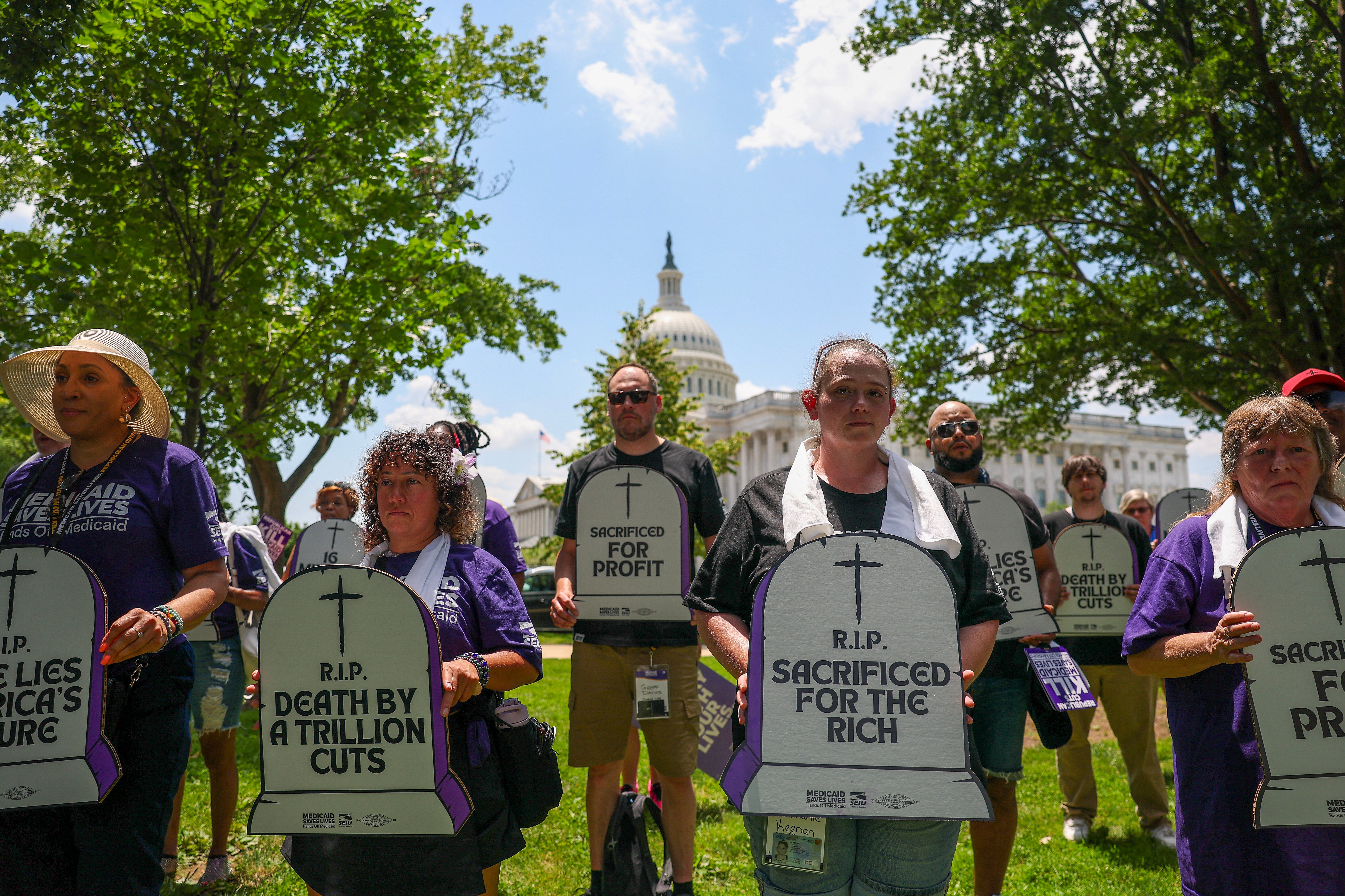 Care workers with the Service Employees International Union (SEIU) protest against Medicaid and SNAP cuts at the US Capitol