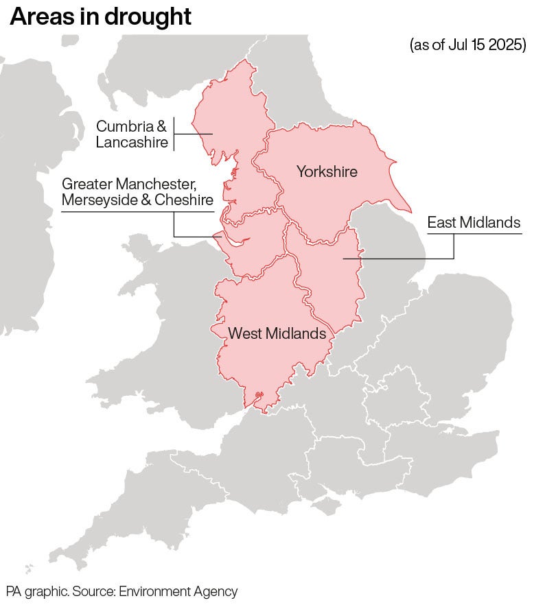 Map showing the areas across England that have announced drought status (PA Graphics)