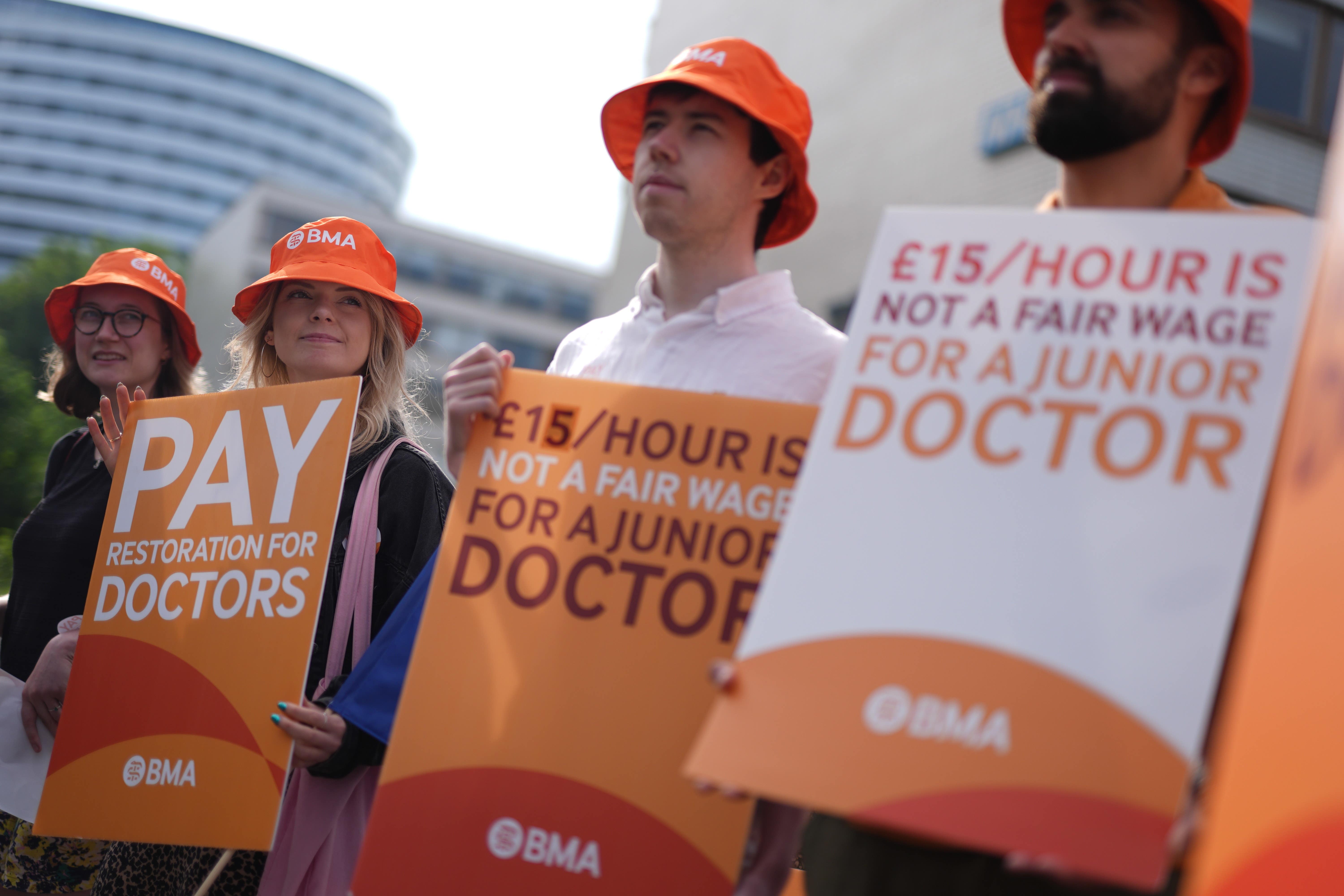 Junior doctors on the picket line outside St Thomas’ Hospital, London (PA)