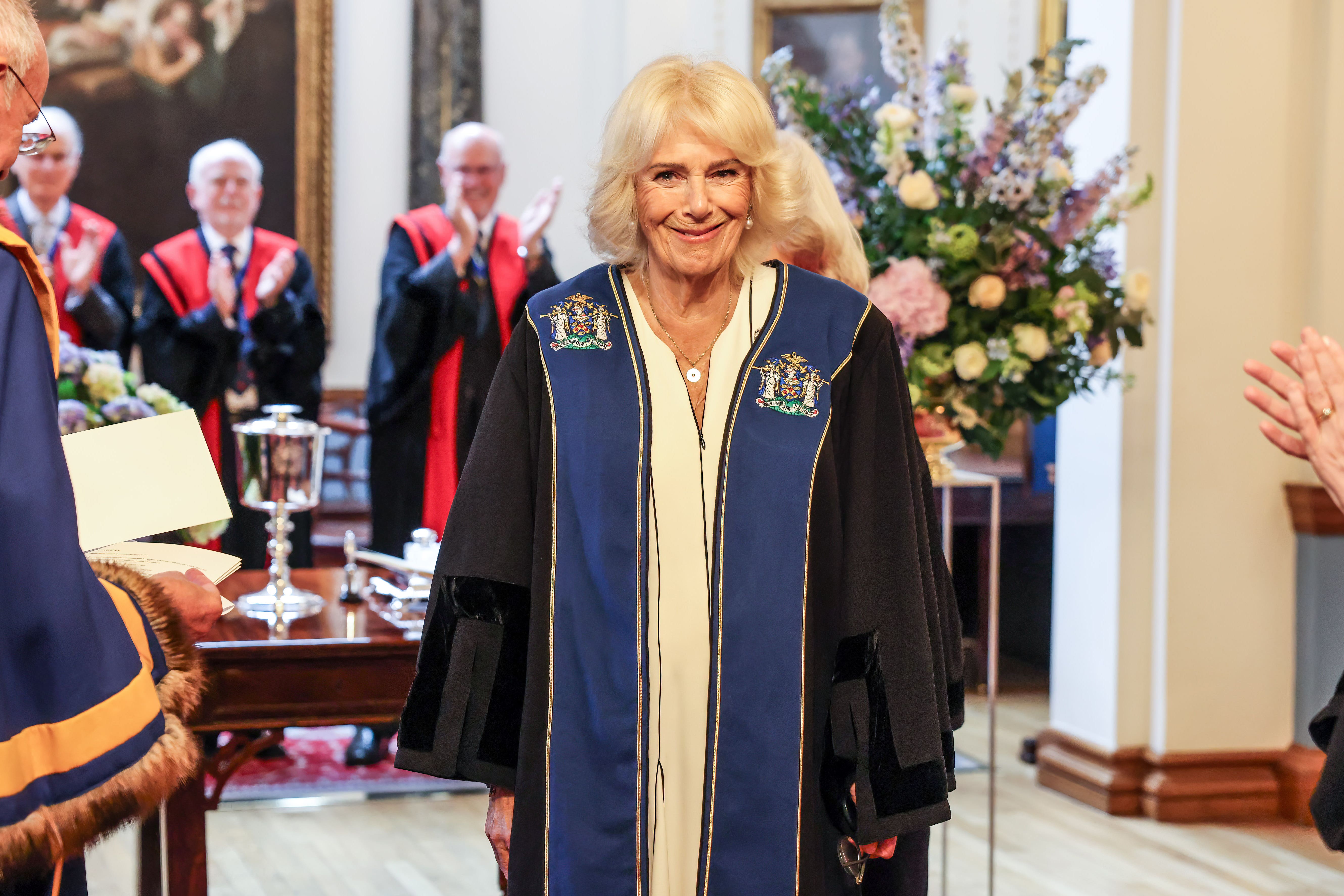 Queen Camilla is installed as an honorary freeman and liveryman of the Worshipful Company of Stationers and Newspaper Makers, at Stationers’ Hall, London, in recognition of her service to literacy (Richard Pohle/The Times/PA)