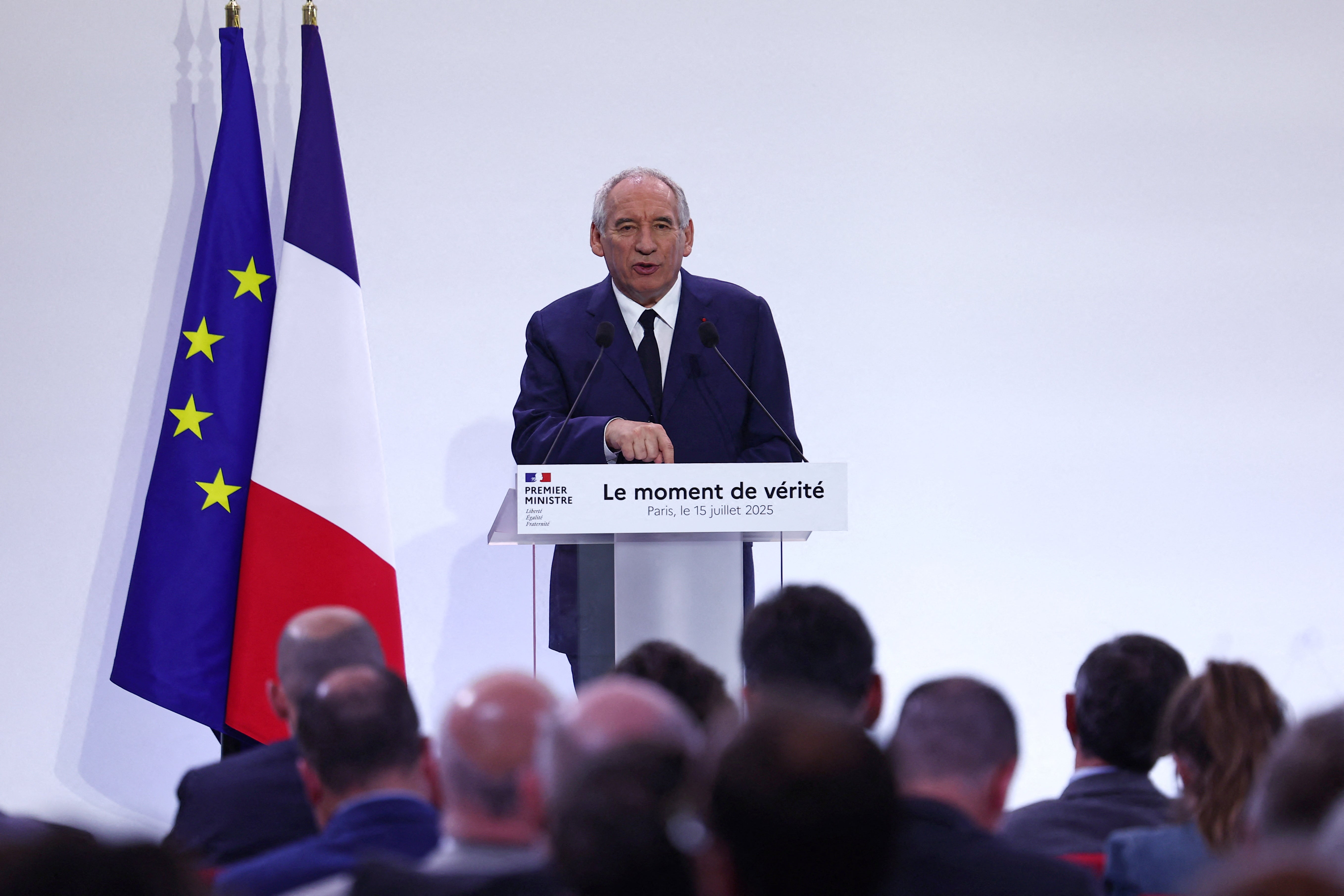 French Prime Minister Francois Bayrou speaks during a news conference to present a major public finance recovery plan, outlining his first budgetary orientations for 2026