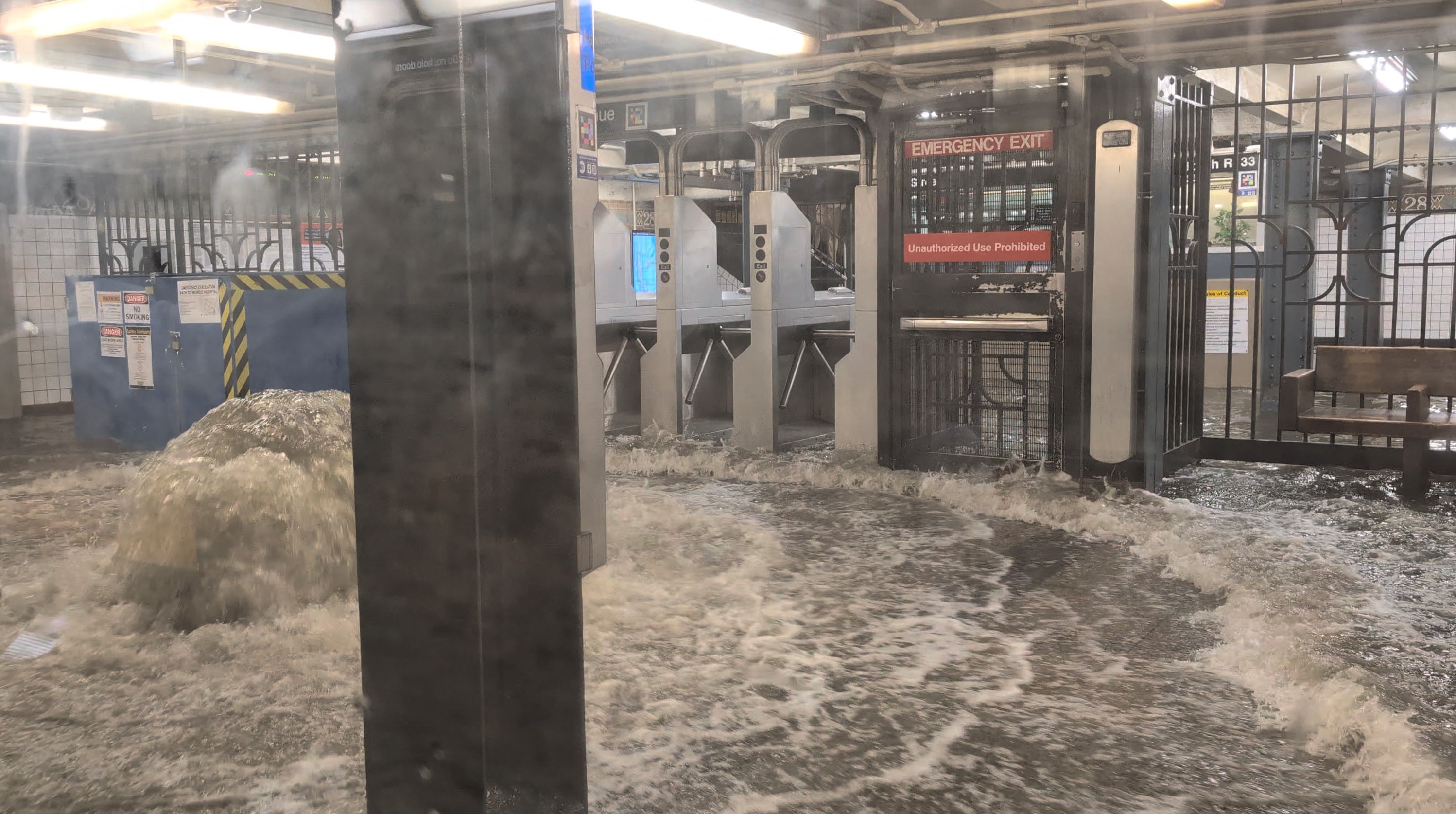 The sudden flooding occurred after the city’s sewer system became overwhelmed by the rain and backed up into the subway tunnels and to the stations In several cases, he added, the backup popped a manhole, creating a dramatic ‘geyser’ (pictured)