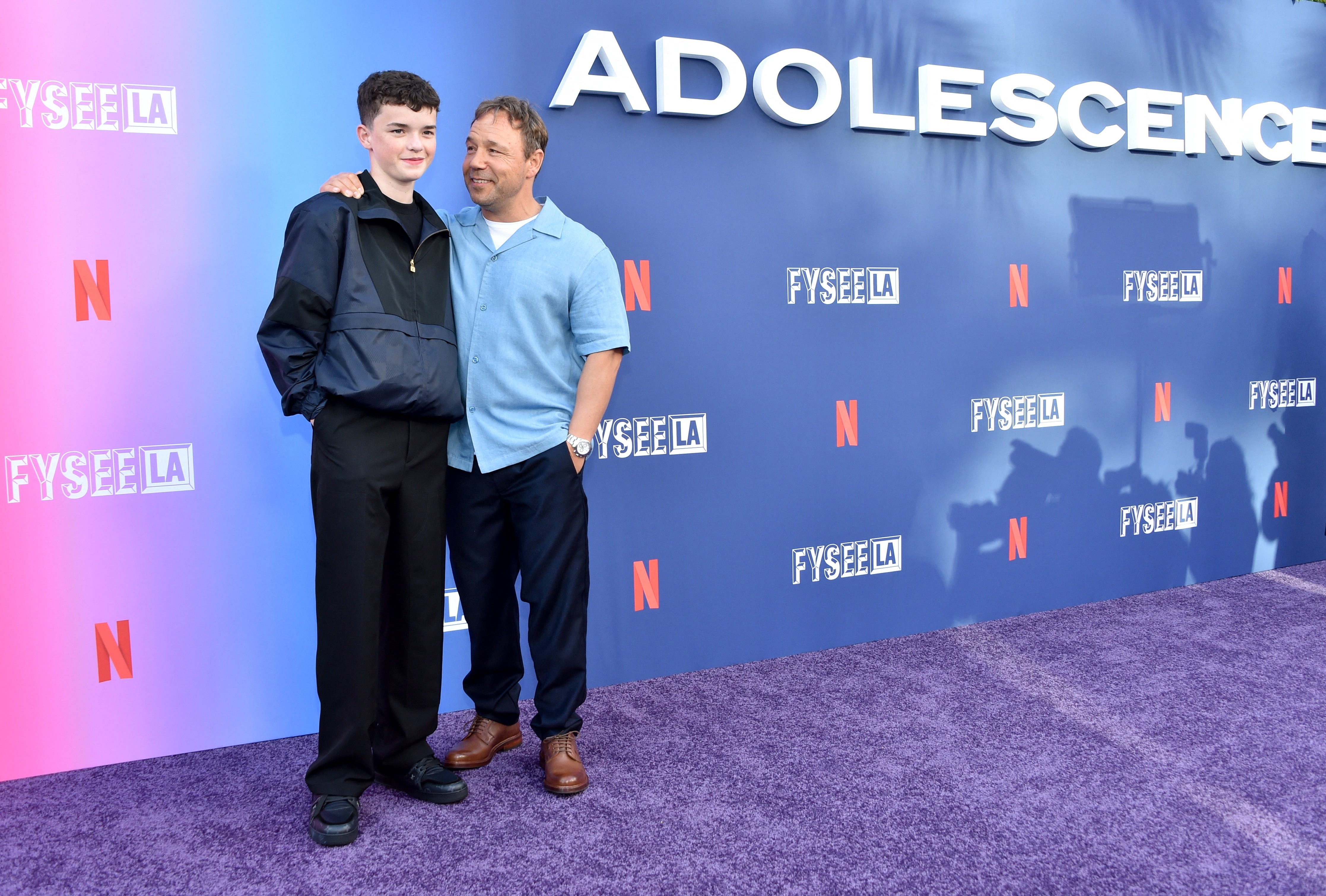 Stephen Graham (R) and British actor Owen Cooper (L) attend Netflix's "Adolescence" premiere