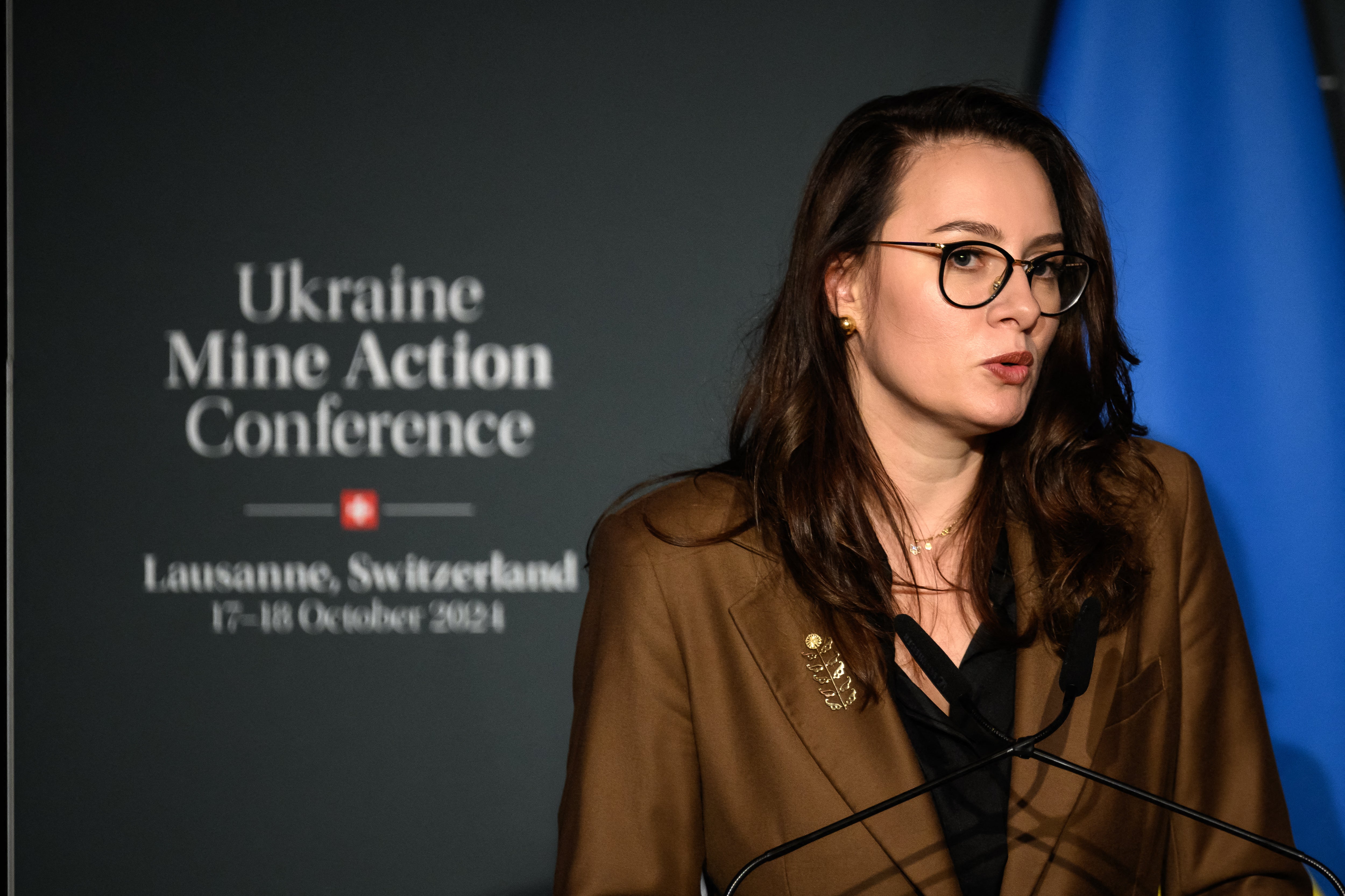 Yulia Svyrydenko speaks during a press conference in Lausanne